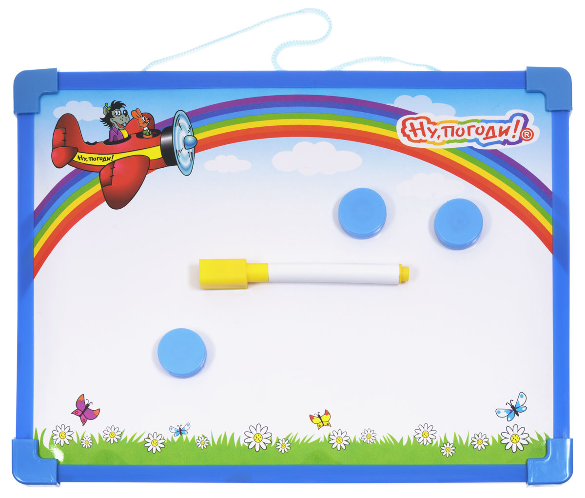 1TOY Доска для рисования Ну Погоди цвет голубой желтыйТ53140 1TOY Доска для рисования Ну Погоди цвет голубой желтыйТ53140С доской для рисования Ну, Погоди! ваш ребенок может рисовать и писать снова и снова! Доска не пачкает одежду, благодаря своим волшебным краскам (внутри экрана магнитная стружка). Изображение наносится специальной магнитной ручкой, которой очень удобно проводить линии и выводить фигуры. Колпачок ручки оснащен специальным стирающим элементом. В комплекте с доской имеется три магнита. Доска дополнена удобной лентой. Такая доска сделает занятия с ребенком яркими и запоминающимися, ведь писать и рисовать на ней намного интереснее, чем в тетрадке. Доска для рисования Ну, Погоди! развивает моторику, воображение, концентрацию внимания, цветовое восприятие.