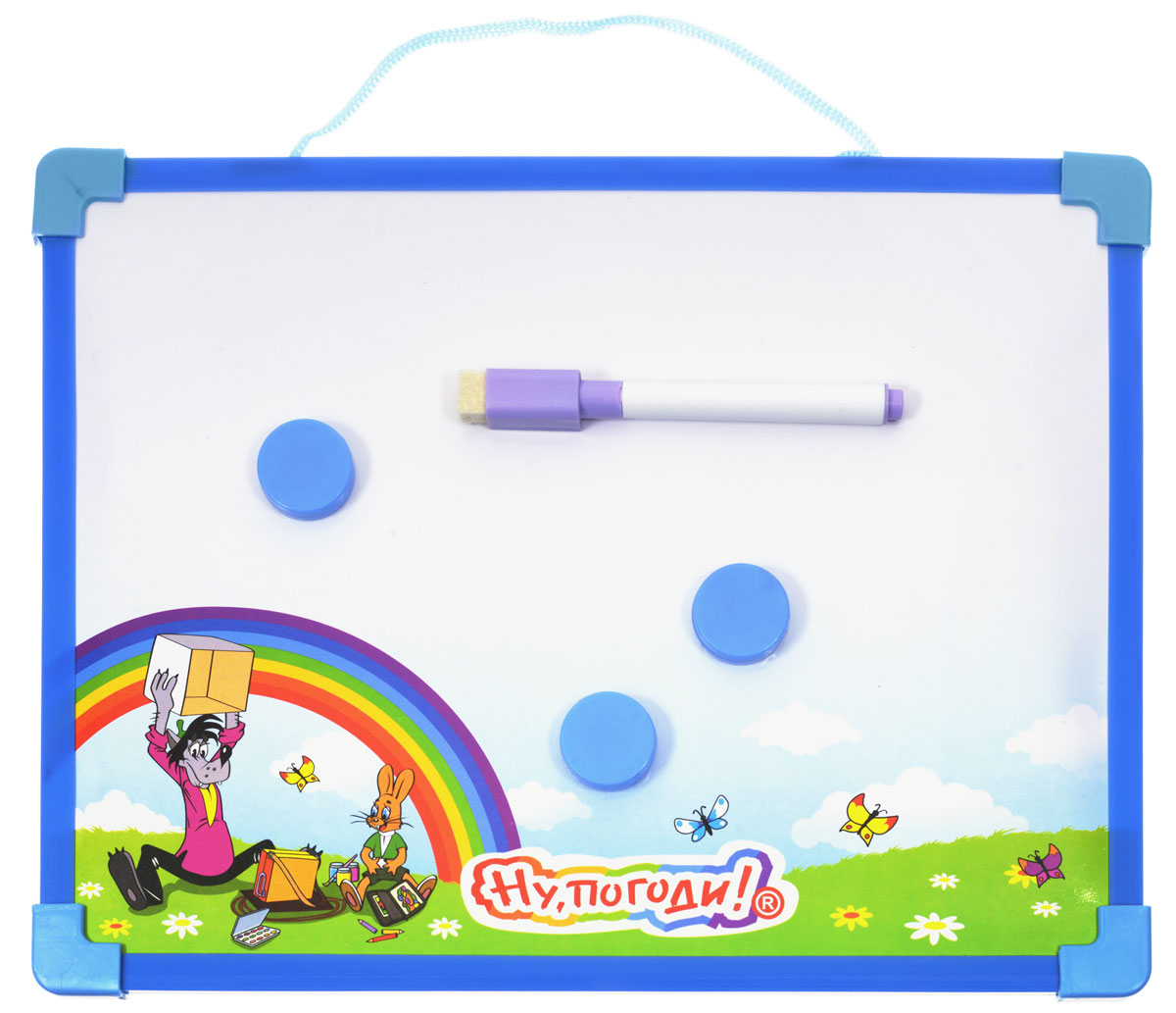 1TOY Доска для рисования Ну Погоди цвет голубой фиолетовыйТ53139 1TOY Доска для рисования Ну Погоди цвет голубой фиолетовыйТ53139С доской для рисования Ну, Погоди! ваш ребенок может рисовать и писать снова и снова! Доска не пачкает одежду, благодаря своим волшебным краскам (внутри экрана магнитная стружка). Изображение наносится специальной магнитной ручкой, которой очень удобно проводить линии и выводить фигуры. Колпачок ручки оснащен специальным стирающим элементом. В комплекте с доской имеется три магнита. Доска дополнена удобной лентой. Такая доска сделает занятия с ребенком яркими и запоминающимися, ведь писать и рисовать на ней намного интереснее, чем в тетрадке. Доска для рисования Ну, Погоди! развивает моторику, воображение, концентрацию внимания, цветовое восприятие.
