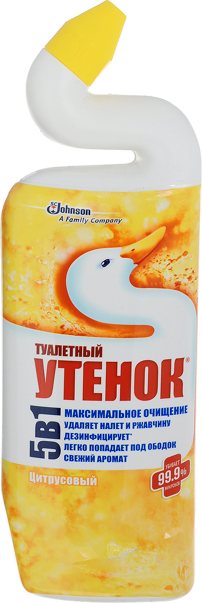 Чистящее средство для унитазов Туалетный утенок, цитрусовый, 500 мл629024 Чистящее средство для унитазов Туалетный утенок, цитрусовый, 500 мл629024Чистящее средство для унитазов Туалетный утенок обеспечивает максимальное очищение и дезинфицирующий эффект (убивает 99,9% микробов). Удаляет ржавчину и налет, устраняет неприятные запахи и придает свежий цитрусовый аромат. Благодаря уникальной форме горлышка Туалетный утенок лучше попадает в труднодоступные места скопления бактерий под ободком унитаза. Специальная конструкция колпачка не позволяет открывать флакон детям. Состав: вода, кислота соляная >5% но Товар сертифицирован.