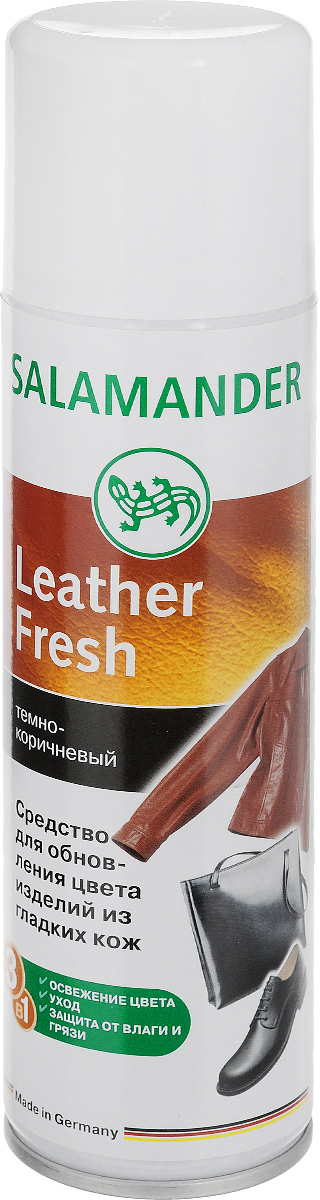 Средство для изделий из гладких кож Salamander Leather Fresh, 250 мл665688 Средство для изделий из гладких кож Salamander Leather Fresh, 250 мл665688Средство для изделий из гладких кож Salamander Leather Fresh - это высококачественная краска-восстановитель цвета. Подходит для всех видов гладкой кожи. Освежает цвет изделия, закрашивает потертости и придает блеск. Пропитывает и защищает от влаги и глубоких загрязнений. Не пригодно для замшевых кож. Выпускается в форме аэрозоли. Состав: >30% алифатические углеводороды (алкалы/циклоалкалы/бутан/пропан), изопропиловый спирт, синтетические смолы, этилацетат, ланолин, воски, силиконовое масло, красители. Товар сертифицирован.