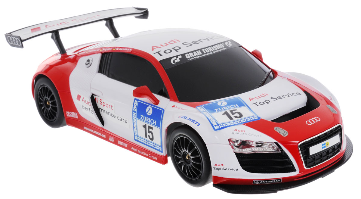 Rastar Радиоуправляемая модель Audi R8 LMS цвет белый красный53610 Rastar Радиоуправляемая модель Audi R8 LMS цвет белый красный53610Радиоуправляемая модель Rastar Audi R8 LMC станет отличным подарком любому мальчику! Все дети хотят иметь в наборе своих игрушек ослепительные, невероятные и крутые автомобили на радиоуправлении. Тем более, если это автомобиль известной марки с проработкой всех деталей, удивляющий приятным качеством и видом. Одной из таких моделей является автомобиль на радиоуправлении Rastar Audi R8 LMC. Это точная копия настоящего авто в масштабе 1:18. Авто обладает неповторимым провокационным стилем и спортивным характером. Потрясающая маневренность, динамика и покладистость - отличительные качества этой модели. Возможные движения: вперед, назад, вправо, влево, остановка. Имеются световые эффекты. Пульт управления работает на частоте 27 MHz. Для работы игрушки необходимы 4 батарейки типа АА (не входят в комплект). Для работы пульта управления необходимы 2 батарейки типа АА (не входят в комплект).