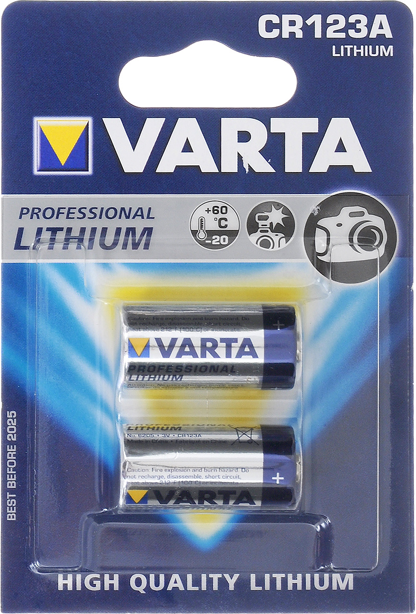 Батарейка Varta Professional Lithium, тип CR123A, 3В, 2 шт6205 Батарейка Varta Professional Lithium, тип CR123A, 3В, 2 шт6205Мощная литиевая батарейка Varta Professional Lithium предназначена для цифровых, фото и аналоговых камер с более высокой производительностью для создания большого количества фотографий.
