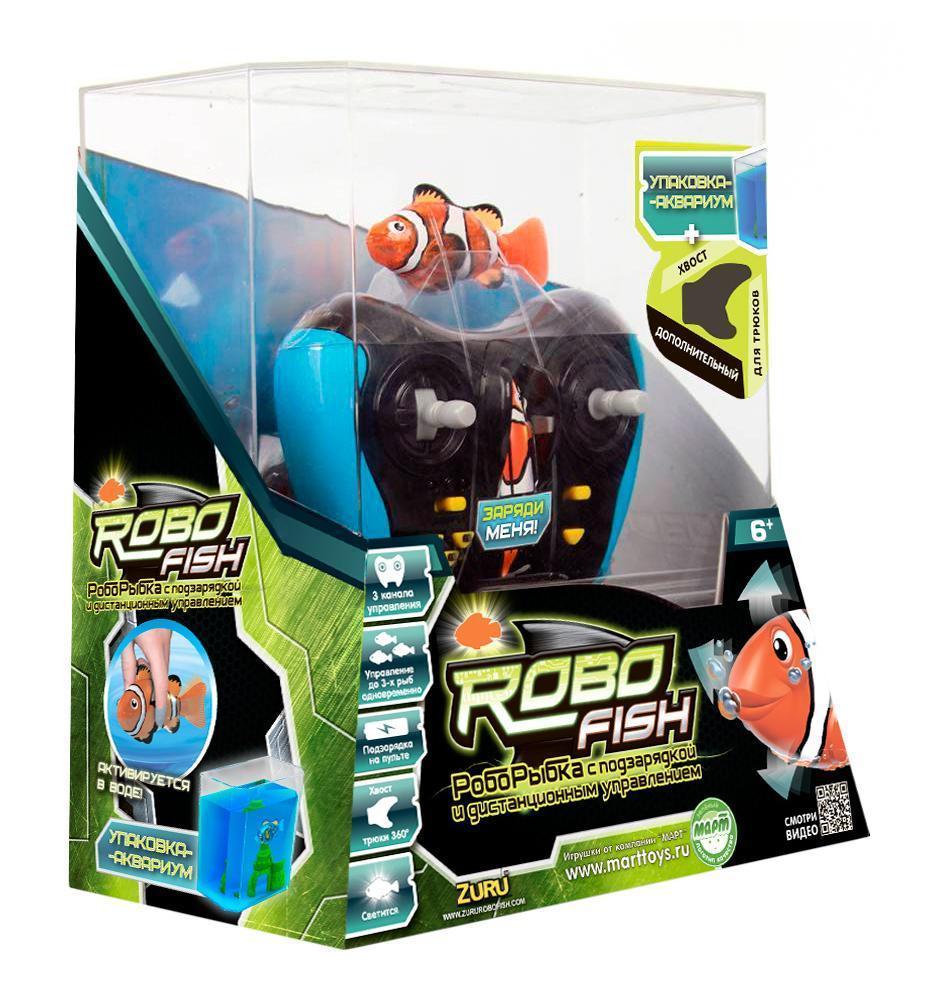 Радиоуправляемая игрушка Robofish РобоРыбка, цвет: синий2572А Радиоуправляемая игрушка Robofish РобоРыбка, цвет: синий2572АРобоРыбка с дистанционным управлением и подзарядкой Артикул: 2572 Наименование: РобоРыбка с дистанционным управлением и подзарядкой Серия: РобоРыбки с дистанционным управлением Описание: РобоРыбка с дистанционным управлением и подзарядкой. Имитирует движения и повадки настоящей рыбки, активируется в воде и светится. 2 режима управления с пульта: автоматический и ручной. В ручном режиме можно регулировать переключателем скорость (3 скорости) и джойстиком направление движения рыбки. В автоматическом режиме можно выбрать 3 разных типа движения: «БАССЕЙН» – РобоРыбка плавает по большому кругу – подходит для игры в бассейне, ванне; «АКВАРИУМ» - РобоРыбка плавает по маленькому кругу – походит для игры в аквариумах и других небольших емкостях с водой и «КОШКА» – РобоРыбка двигается, какбудто спасается от когтей кошки. На пульте управления предусмотрено 3 канала, чтобы управлять 3-мя рыбками с 1-го пульта. Если крышку упаковки перевернуть, она становится аквариумом. В наборе: плавающая...