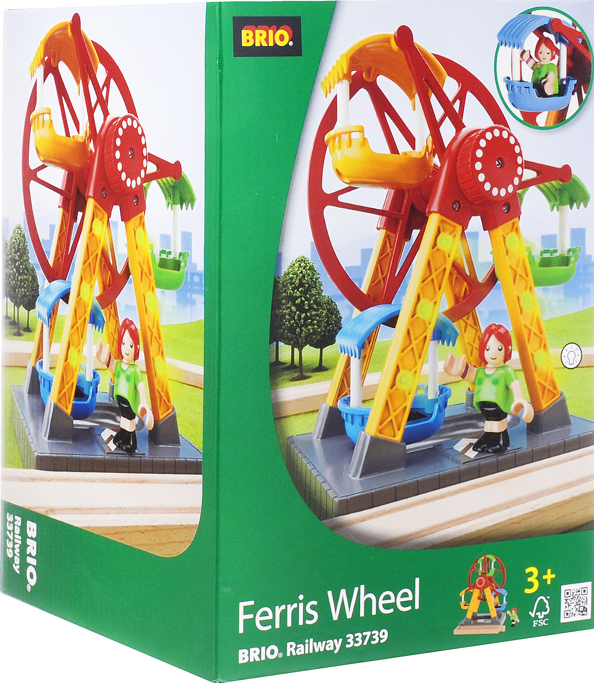 Brio Колесо обозрения33739 Brio Колесо обозрения33739Колесо обозрения Brio прекрасно дополнит тему парка аттракционов. Поверните специальную ручку для запуска трех кабинок Колеса Обозрения. Внутри кабинок можно разместить пассажиров. В наборе имеется одна фигурка. Световые эффекты и звук щелчка включаются при запуске колеса. Рекомендуется докупить 2 батарейки типа LR44 (товар комплектуется демонстрационными).