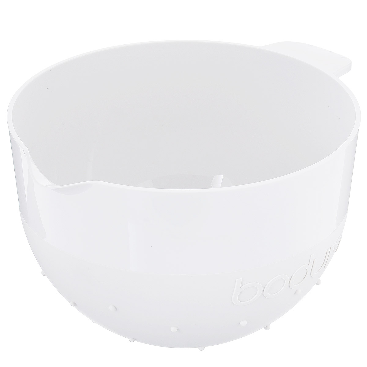 Миска Bodum Bistro, цвет: белый, 2,8 л11563-913B Миска Bodum Bistro, цвет: белый, 2,8 л11563-913BМиска Bodum Bistro изготовлена из пластика - легкого материала, который без усилий очищается и быстро сохнет. Вы сможете использовать ее для замешивания теста, приготовления салата, мытья овощей и многих других кулинарных нужд. Миска оснащена носиком и ручкой. Также она имеет дополнительный слой резины на ручке и на нижней поверхности, благодаря чему не скользит по поверхности стола. Миску можно помещать в микроволновую печь и мыть в посудомоечной машине. Диаметр миски (по верхнему краю): 20,5 см. Высота стенок: 14,5 см. Объем: 2,8 л.