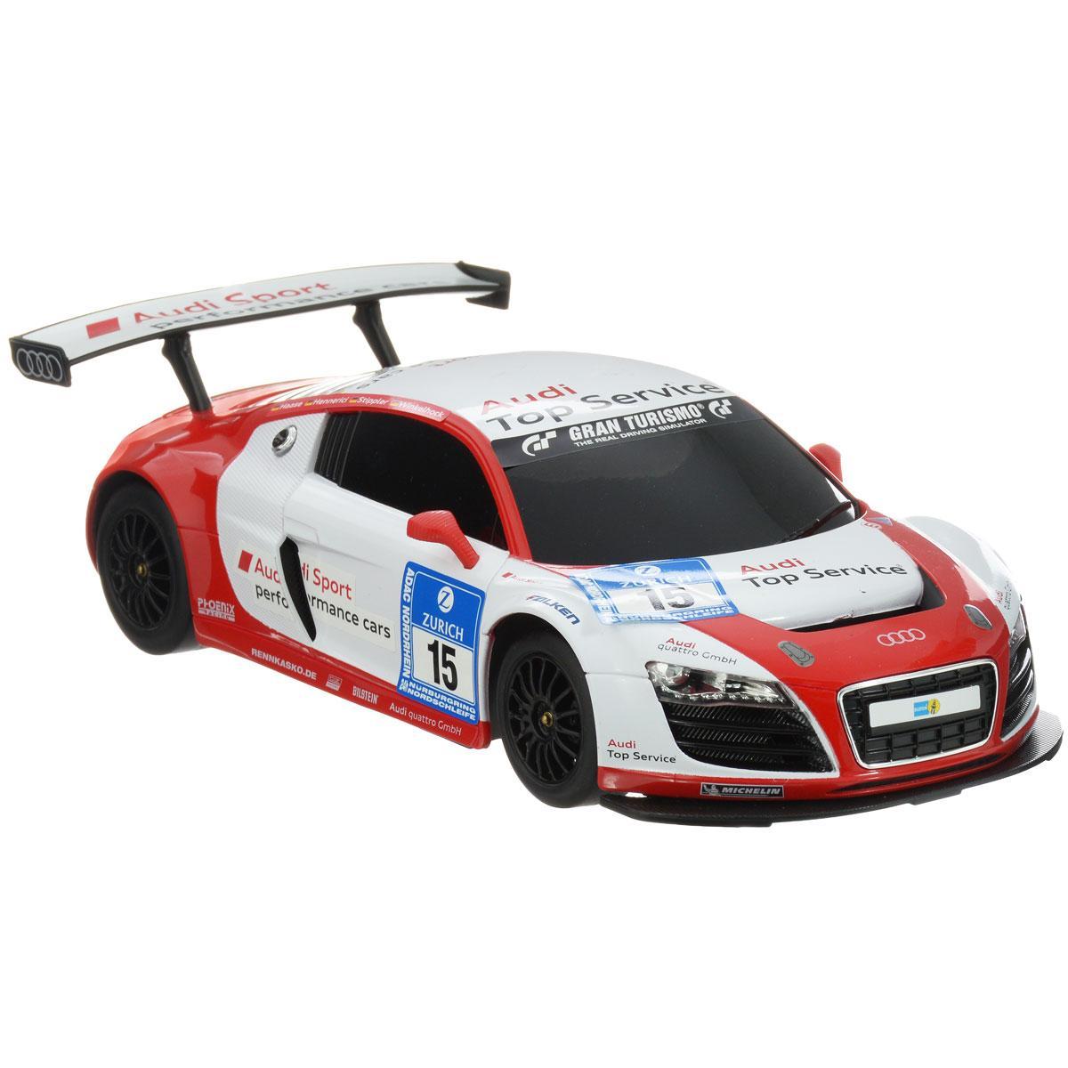 Rastar Радиоуправляемая модель с рулем Audi R8 LMS цвет белый красный масштаб 1:1853610-8 Rastar Радиоуправляемая модель с рулем Audi R8 LMS цвет белый красный масштаб 1:1853610-8Все дети хотят иметь в наборе своих игрушек ослепительные, невероятные и крутые автомобили на радиоуправлении. Тем более если это автомобиль известной марки с проработкой всех деталей, удивляющий приятным качеством и видом. Одной из таких моделей является автомобиль на радиоуправлении Audi R8 LMS. Это точная копия настоящего авто в масштабе 1:18. Авто обладает неповторимым провокационным стилем и спортивным характером. А серьезные габариты придают реалистичность в управлении. Автомобиль отличается потрясающей маневренностью, динамикой и покладистостью. Особенности электромобиля Audi R8 LMS: Машина может осуществлять движение вперед, назад, вправо и влево, при движении назад у нее загораются стоп-сигналы, при движении вперед - горят фары. Радиус действия пульта до 45 метров. Пульт радиоуправления на частоте 27MHz. Максимальная скорость: 12 км/ч. Комплект: машинка, пульт управления. Тип батареек: 3 x AA/LR6 1.5V, 1 x 9V типа Крона( в набор не входят)....