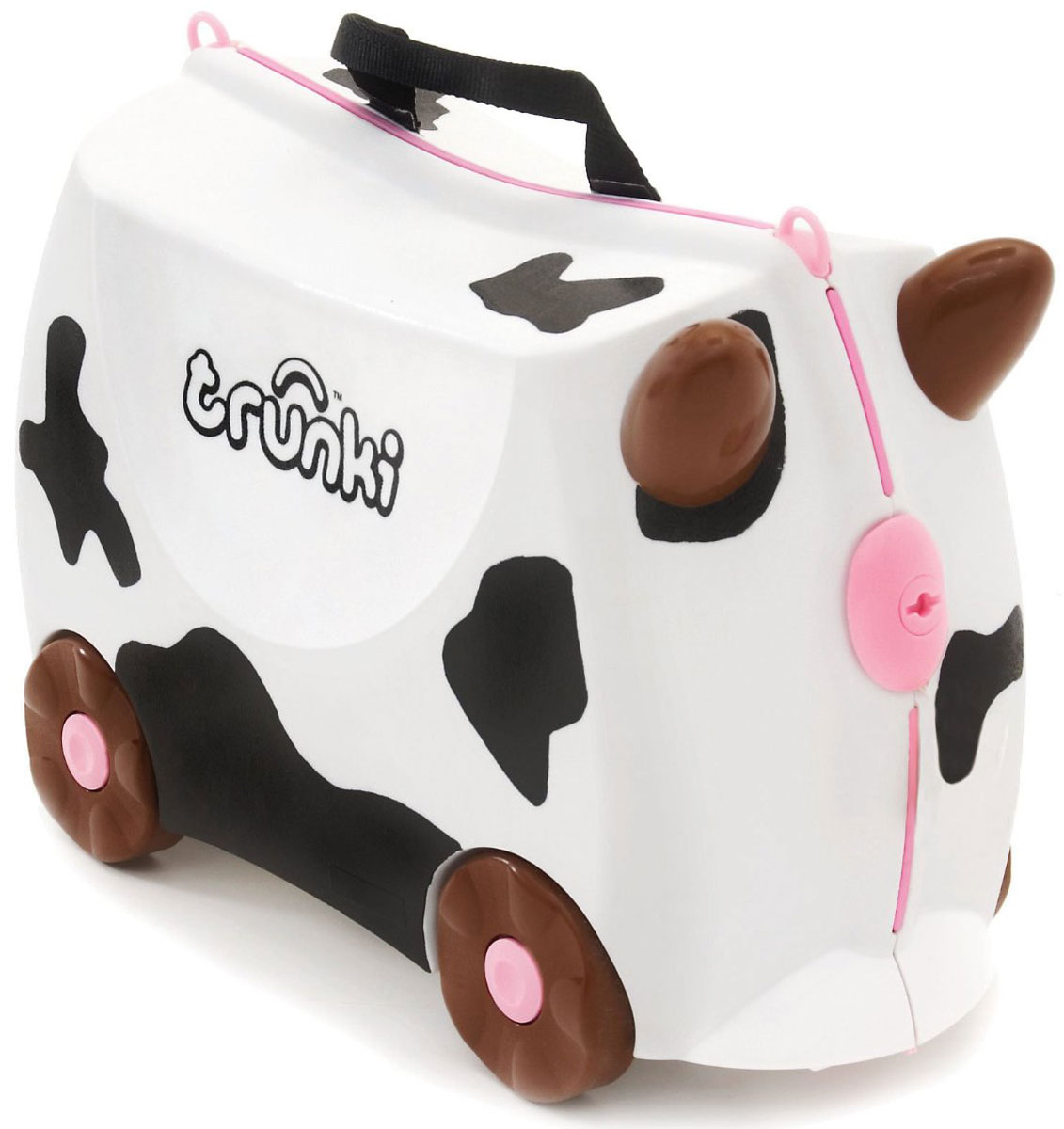Trunki Чемодан-каталка Корова Фрида0047-GB01 Trunki Чемодан-каталка Корова Фрида0047-GB01Детский чемодан-каталка Trunki Корова Фрида - оригинальный чемодан на колесах, созданный, чтобы избавить маленьких путешественников от скуки и усталости. Корпус чемодана выполнен в форме седла, чтобы маленькому наезднику было комфортно сидеть. Чемодан представлен в белом цвете с черными пятнами в виде коровы. Малыш может держаться за специальные рожки на передней части чемодана. Форма рожек специально разработана для детских ручек. Чемодан имеет 4 колеса и стабилизаторы, которые не позволят чемодану опрокинуться. Для переноски у чемодана предусмотрены 2 текстильные ручки, а также ремень через плечо, который можно использовать для буксировки чемодана. Чемодан содержит вместительное отделение с фиксирующейся Х- образной резинкой. Также в чемодане имеется длинный кармашек для мелочей. Закрывается чемодан на две защелки. Крышка чемодана плотно прилегает к основанию, уплотнитель между ними не позволит мелким предметам выпасть из него. Чемодан-каталка Trunki...