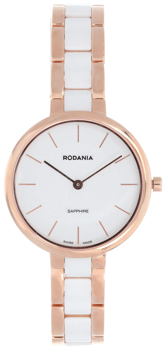 Часы наручные женские Rodania, цвет: белый, золотой. 25115432511543 Часы наручные женские Rodania, цвет: белый, золотой. 25115432511543Элегантные женские часы Rodania выполнены из нержавеющей стали с IPRG покрытием, керамики и сапфирового стекла. Циферблат часов дополнен символикой бренда. Корпус часов оснащен кварцевым механизмом Ronda 762, имеет степень влагозащиты равную 5 atm, а также дополнен устойчивым к царапинам сапфировым стеклом. Браслет часов оснащен замком-бабочкой, которая позволит с легкостью снимать и надевать изделие. Часы поставляются в фирменной упаковке. Часы Rodania подчеркнут изящность женской руки и отменное чувство стиля у их обладательницы.