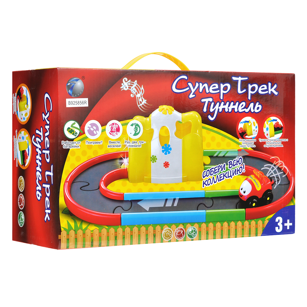 Tongde Игрушечный трек Супер Трек ТуннельВ72145 Tongde Игрушечный трек Супер Трек ТуннельВ72145Игровой набор Супер Трек Туннель непременно понравится вашему малышу. В него входят машинка, элемент в виде туннеля и семь элементов для сборки трека общей длиной около 105 см. Машинка начинает ехать и останавливается благодаря всего одному нажатию. Когда она проезжает через туннель, он начинает подсвечиваться под музыкальное сопровождение. Ваш ребенок часами будет играть с этим набором, придумывая различные истории. Порадуйте его таким замечательным подарком! Для работы машинки необходимо докупить 1 батарею типа ААА (не входит в комплект). Для работы туннеля необходимо докупить 3 батареи типа АG13 (не входят в комплект).