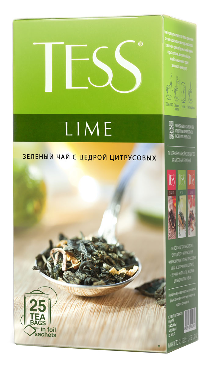 Tess Lime зеленый чай в пакетиках, 25 шт0596-10__новая упаковка Tess Lime зеленый чай в пакетиках, 25 шт0596-10__новая упаковкаTess Lime - зеленый ароматизированный чай в пакетиках. Своей индивидуальностью этот сорт обязан гармоничному сочетанию насыщенного, но легкого вкуса классического зеленого чая из провинции Фудзяньи свежей горчинки цедры сочного лайма Заключительный штрих – мягкий оттенок шиповника – придает завершенность чайному букету.