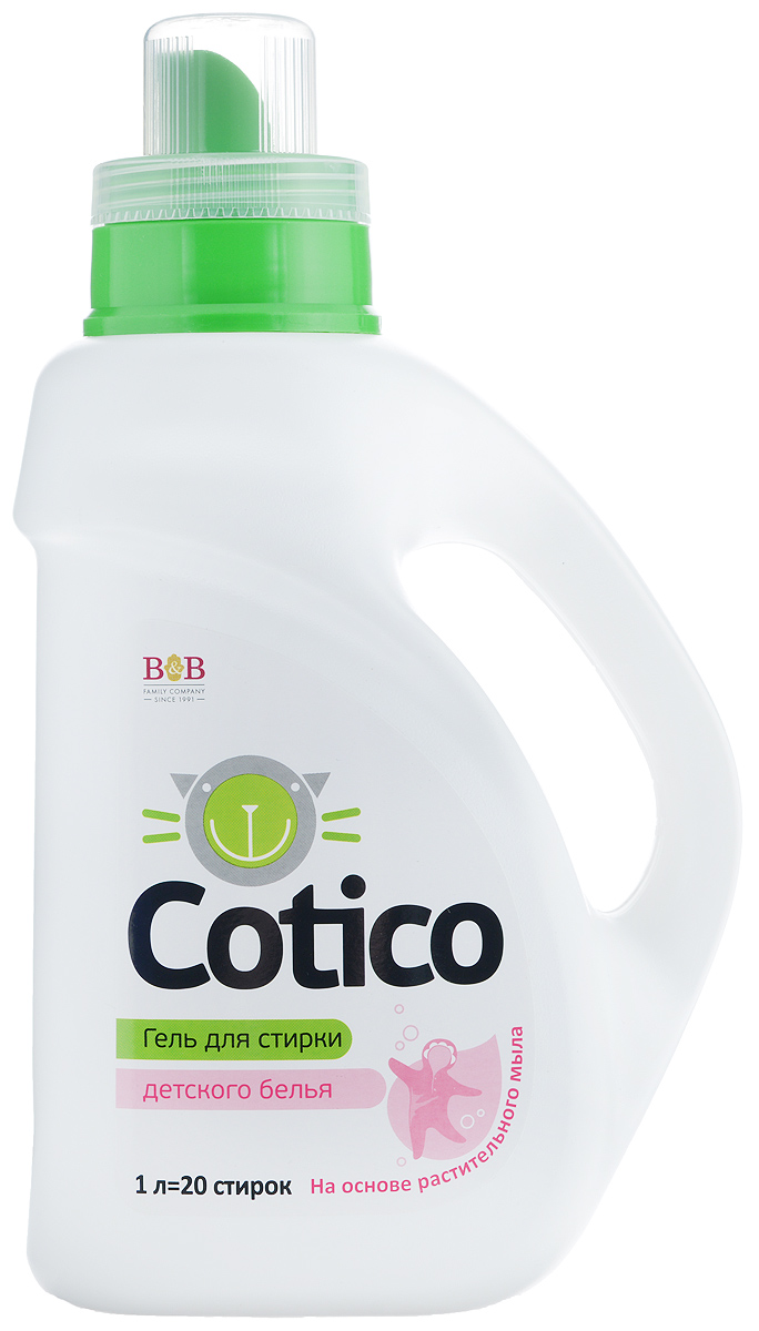 Гель для стирки детского белья Cotico, 1 л300681 Гель для стирки детского белья Cotico, 1 л300681Специализированное современное средство Cotico с пониженным пенообразованием подходит для автоматической и ручной стирки детского белья из натуральных и искусственных тканей. При регулярной стирке средством вещи не линяют, надолго сохраняют фактуру новой ткани и насыщенность цвета, не образуются катышки. можно применять с первых дней жизни ребенка. Состав: вода очищенная, растительное мыло 5-15%, НПАВ 5-15%, гипоаллергенная отдушка Товар сертифицирован.