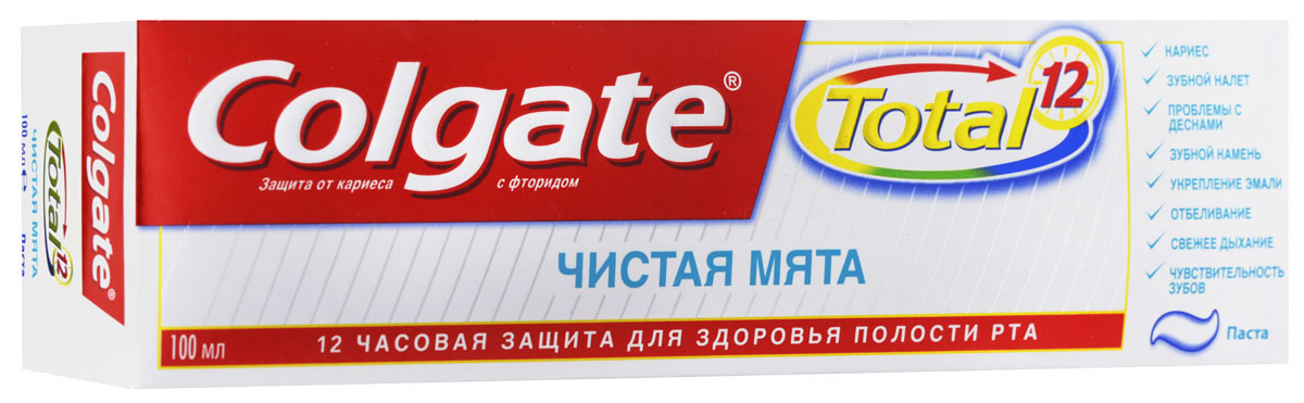 Colgate Зубная паста TOTAL12 Чистая мята 100 млFCN89256/FCN89127 Colgate Зубная паста TOTAL12 Чистая мята 100 млFCN89256/FCN89127Зубная паста Colgate® Total Чистая Мята обладает прекрасным мятным вкусом и оставляет во рту ощущение чистоты и свежести