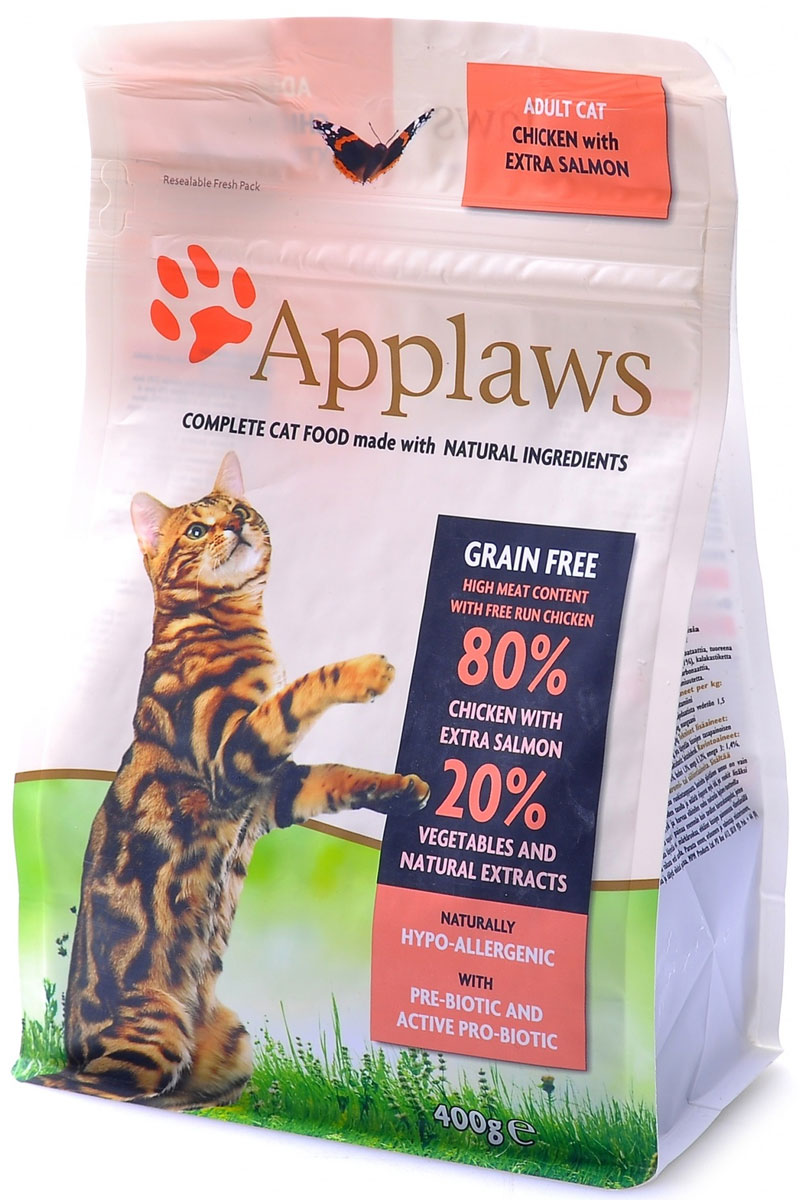 Беззерновой для Кошек Курица и Лосось/Овощи: 80/20% (Dry Cat Chicken & Salmon), 400 г24391 Беззерновой для Кошек Курица и Лосось/Овощи: 80/20% (Dry Cat Chicken & Salmon), 400 г24391Беззерновая линейка Холистик кормов для кошек Applawsизготовлена по особым рецептам, разработанными диетологами института Великобритании. Правильная диета очень важна для питомцев, ведь она меняется в зависимости от жизненного цикла. Также полнорационные корма должны включать в себя необходимое количество витаминов и минералов. В рецептах сухих кормов Applaws учтен не только перечень наиболее необходимых минералов и витаминов, но и их строгий баланс. Так как сухой корм изготавливается только из натуральных качественных ингредиентов, крокеты привлекут внимание любого, даже очень привередливого питомца. Состав: Дегидрированное мясо цыпленка (мин. 47%), дегидрированное филе лосося (мин. 19%), молодой картофель (мин. 4%), жир домашней птицы (мин. 8% - источник омега 6), подлива с мяса птицы приготовленной в собственном соку (мин. 4%), лососевый жир (источник Омега 3), свекла (мин. 3%), яичный порошок (мин. 3%), пивные дрожжи, клетчатка, минералы, хлорид натрия, карбонат...