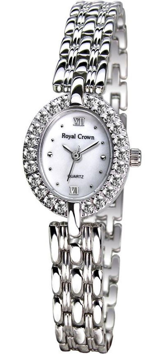Часы женские наручные Royal Crown, цвет: серебряный, белый. 2100-B62-RDM-52100-B62-RDM-5 Часы женские наручные Royal Crown, цвет: серебряный, белый. 2100-B62-RDM-52100-B62-RDM-5Элегантные женские часы Royal Crown изготовлены из латуни нержавеющей стали и минерального стекла. Корпус и браслет изделия оформлены чешскими цирконами, циферблат дополнен перламутром. Корпус часов оснащен кварцевым механизмом, который имеет степень влагозащиты равную 3 Bar, а также устойчивым к царапинам минеральным стеклом. Практичный складной замок, предусмотренный в конструкции браслета, позволит снимать и надевать часы. Часы поставляются в фирменной упаковке. Часы Royal Crown подчеркнут изящность женской руки и отменное чувство стиля у их обладательницы.