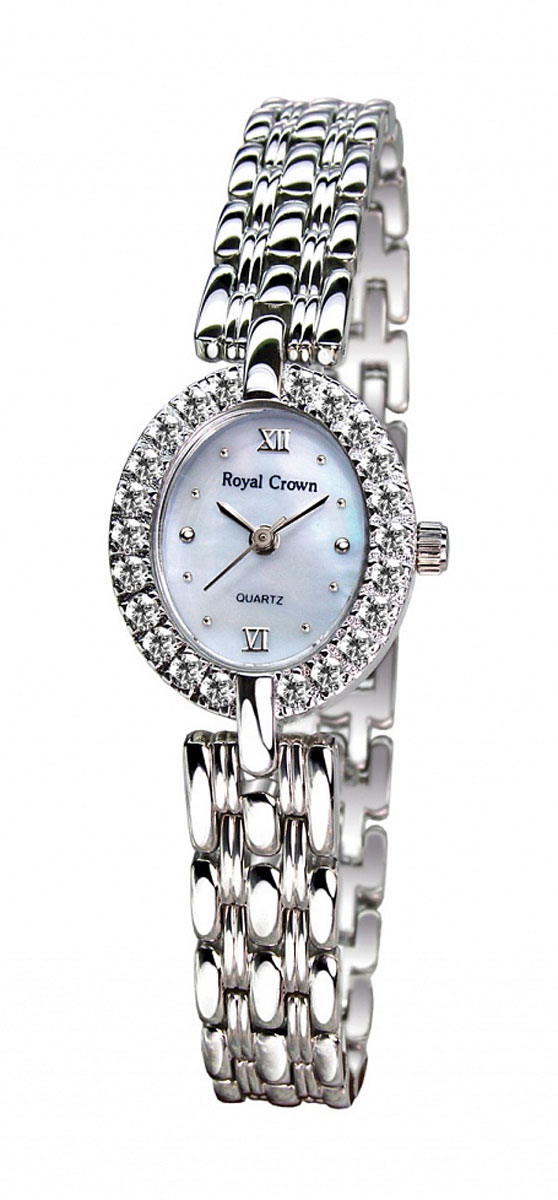 Часы женские наручные Royal Crown, цвет: серебряный, белый. 2100S-RDM-62100S-RDM-6 Часы женские наручные Royal Crown, цвет: серебряный, белый. 2100S-RDM-62100S-RDM-6Элегантные женские часы Royal Crown изготовлены из латуни нержавеющей стали и минерального стекла. Корпус изделия оформлен чешскими цирконами, циферблат дополнен перламутром. Корпус часов оснащен кварцевым механизмом, который имеет степень влагозащиты равную 3 Bar, а также устойчивым к царапинам минеральным стеклом. Практичный складной замок, предусмотренный в конструкции браслета, позволит снимать и надевать часы. Часы поставляются в фирменной упаковке. Часы Royal Crown подчеркнут изящность женской руки и отменное чувство стиля у их обладательницы.