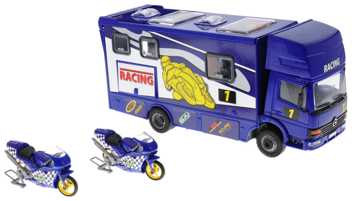 Dickie Toys Трейлер для мотогонок c 2 мотоциклами цвет синий3414861_синий Dickie Toys Трейлер для мотогонок c 2 мотоциклами цвет синий3414861_синийТрейлер Dickie Toys обязательно понравится вашему ребенку. Игрушка выполнена из прочного и безопасного пластика в виде трейлера для мотогонок. Кабина водителя наклоняется вперед, задняя стенка машины откидывается, превращаясь в трап. Крыша сдвигается, открывая доступ в салон. Также у трейлера открываются боковая дверь, окна и 2 люка в крыше. Колеса игрушки свободно вращаются. В комплект входят 2 пластиковых мотоцикла, прорезиненные колеса которых имеют свободный ход. С такой игрушкой ваш малыш будет часами занят игрой. Порадуйте его таким замечательным подарком!