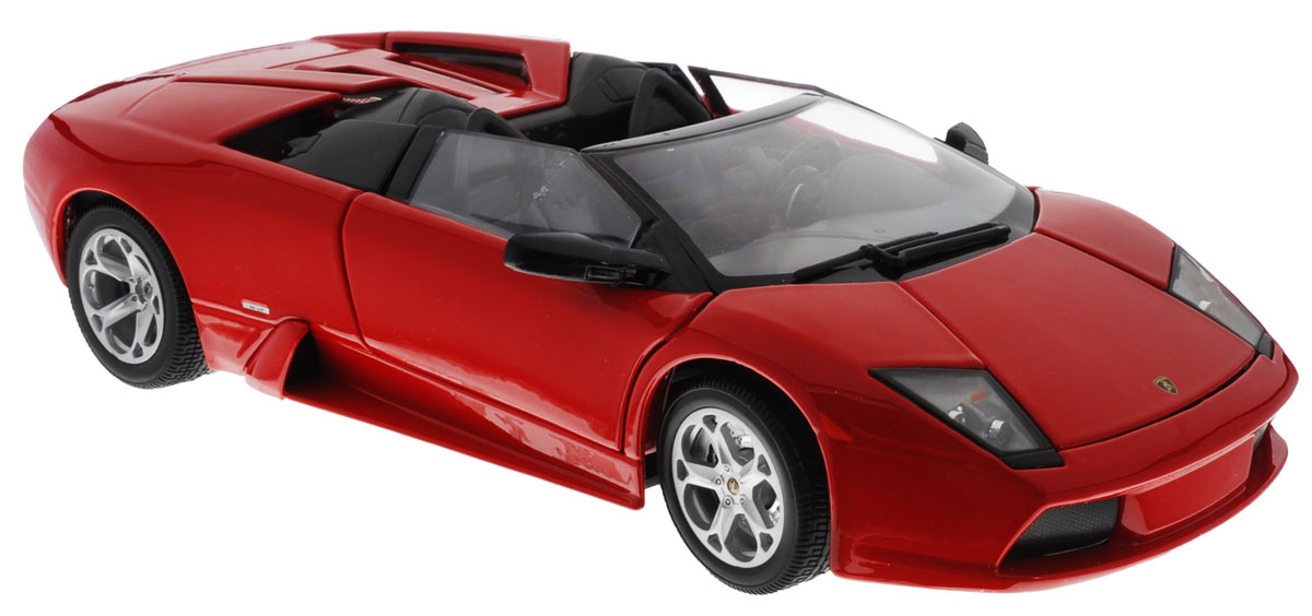 Bburago Модель автомобиля Lamborghini Murcielago Roadster цвет красный18-12070 Bburago Модель автомобиля Lamborghini Murcielago Roadster цвет красный18-12070Модель автомобиля Bburago Lamborghini Murcielago Roadster предназначена для тех, кто любит роскошь и высокие скорости. Модель представлена в масштабе 1:18 и в точности воспроизводит все детали внешнего облика реального автомобиля. Корпус автомобиля выполнен из металла с использованием пластиковых элементов, колеса прорезинены. Модель оборудована открывающимися дверцами, капотом, багажником и подвижными колесами. При повороте руля колеса изменяют свое направление. Во время игры с такой машинкой у ребенка развивается мелкая моторика рук, фантазия и воображение.