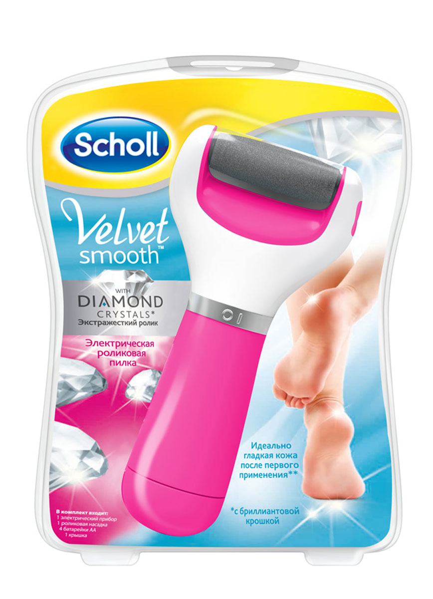 Электрическая роликовая пилка Scholl Velvet Smooth с роликом из бриллиантовой крошки (розовый цвет)17775 Электрическая роликовая пилка Scholl Velvet Smooth с роликом из бриллиантовой крошки (розовый цвет)17775Scholl Электрическая роликовая пилка с бриллиантовой крошкой. Пилка Scholl Velvet smooth роликовая электрическая для удаления огрубевшей кожи стоп. В комплект входит 1 электрический прибор, 4 батарейки АА, 1 крышка. Электрическая роликовая пилка Scholl Velvet smooth мягко удаляет огрубевшую кожу и делает ваши ступни идеально гладкими. Больше не нужно распаривать ноги. Просто обработайте огрубевшую кожу вращающимся роликом, и вы увидите, как легко и быстро она исчезает. Наслаждайтесь идеальной гладкостью ваших ног вместе с Sсholl! - Удобная эргономичная форма прибора. - Прибор специально разработан для мягкого удаления огрубевшей кожи. - Действует бережно и эффективно. - Работает от батареек. - Не требуется предварительное распаривание кожи. Срок годности не ограничен.
