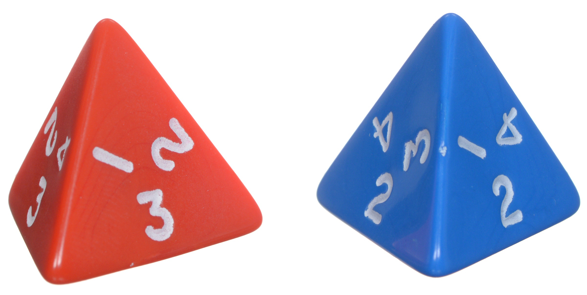Koplow Games Набор игральных костей Простые D4 цвет синий красный 2 шт2380_синий, красный Koplow Games Набор игральных костей Простые D4 цвет синий красный 2 шт2380_синий, красныйНабор игральных костей Простые предназначен для настольных игр. Набор состоит из двух четырехгранных костей. На каждую из четырех треугольных граней игральной кости нанесены числа числа от 1 до 4 в четырех различных комбинациях (грань 1 - 1, 2, 3; грань 2 - 1, 3, 4; грань 3 - 1, 2, 4, грань 4 - 2, 3, 4). Целью игральной кости является демонстрация случайно определенного числа, каждое из которых является равновозможным благодаря правильной геометрической форме. Игральные кости выполнены из прочного пластика. Не рекомендуется детям до 3-х лет.