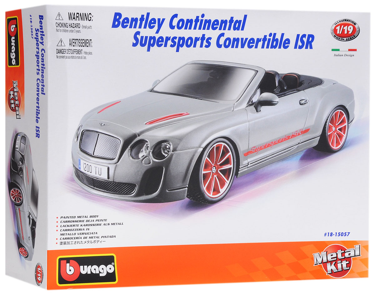 Bburago Сборная модель автомобиля Bentley Continental Supersports Convertible ISR18-15057 Bburago Сборная модель автомобиля Bentley Continental Supersports Convertible ISR18-15057Сборная модель автомобиля Bburago Bentley Continental Supersports Convertible ISR привлечет к себе внимание не только детей, но и взрослых. Модель представлена в масштабе 1:18 и в точности воспроизводит все детали внешнего облика реального автомобиля. Корпус автомобиля выполнен из металла с использованием пластиковых элементов, колеса - из резины. Машина оборудована открывающимися дверцами, капотом и багажником, а также подвижными колесами. Во время игры с такой машинкой у ребенка развивается мелкая моторика рук, фантазия и воображение. В комплекте: элементы для сборки модели, наклейки и схематичная инструкция по сборке. Модель собирается без использования клея.