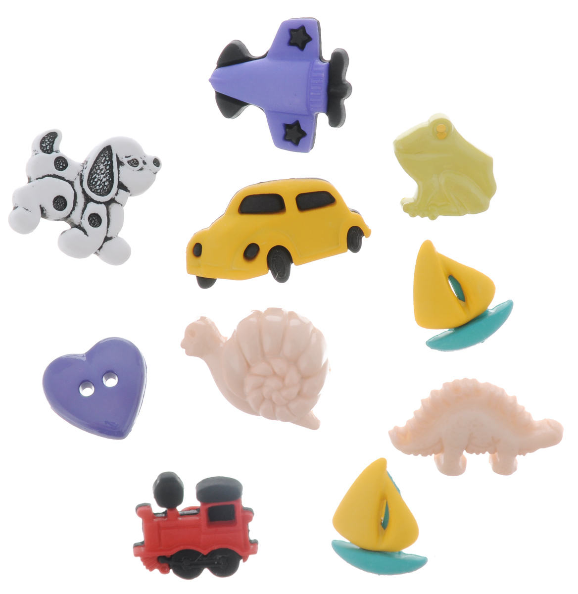Пуговицы декоративные Buttons Galore & More Childhood, 10 шт7708771 Пуговицы декоративные Buttons Galore & More Childhood, 10 шт7708771Набор Buttons Galore & More Childhood состоит из 10 декоративных пуговиц. Все элементы выполнены из пластика в виде корабликов, паровозика, машинки, самолетика и животных. Такие пуговицы подходят для любых видов творчества: скрапбукинга, декорирования, шитья, а также для оформления одежды. С их помощью вы сможете украсить открытку, фотографию, альбом, подарок и другие предметы ручной работы. Пуговицы разных цветов имеют оригинальный и яркий дизайн. Средний размер пуговиц: 2 х 2 х 1 см.