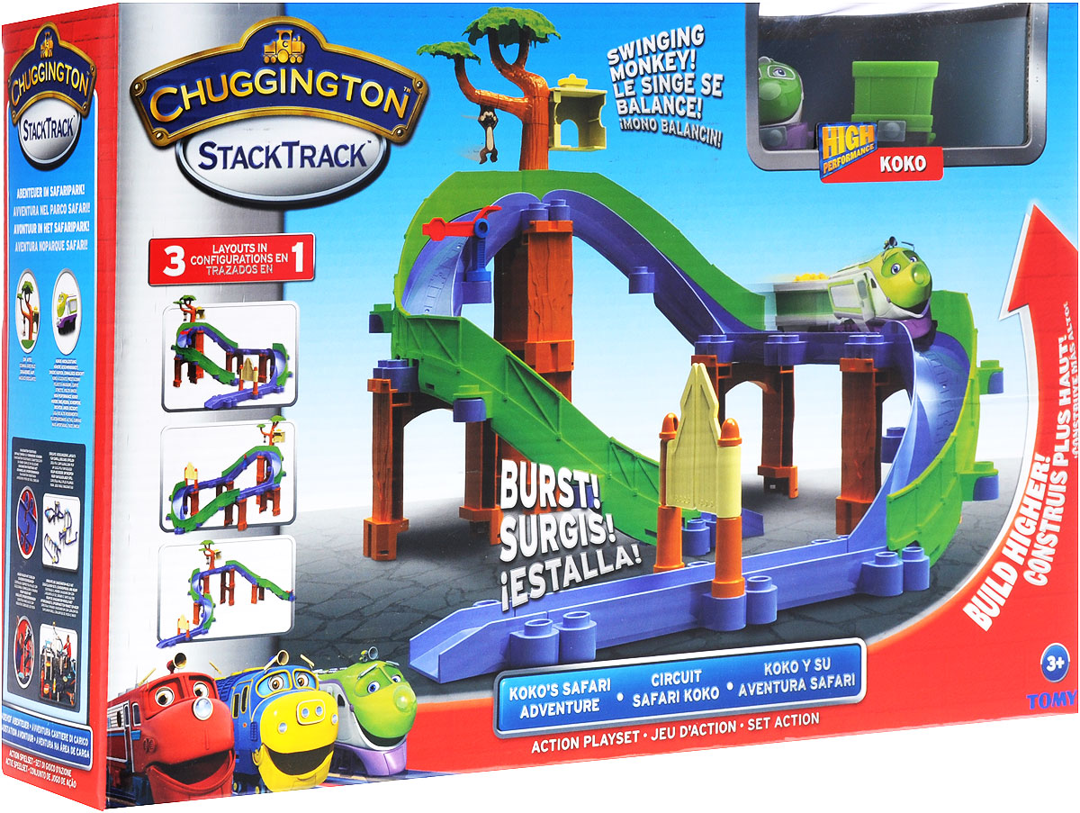 Chuggington Игрушечный трек Сафари-приключения с КокоLC54227 Chuggington Игрушечный трек Сафари-приключения с КокоLC54227Яркий игрушечный трек Chuggington Сафари-приключения с Коко, несомненно, привлечет внимание вашего ребенка и не позволит ему скучать. Набор включает в себя элементы для сборки трека, опоры для создания уровней, дерево с качающейся на нем обезьянкой, домик для нее, ворота, паровозик Коко и вагончик. Элементы легко соединяются между собой. Ребенок сможет создавать разные модификации трека. Коко - бесстрашная паровозик- девочка, стилизованная под поезд Евростар. Она быстрее всех. Во всем Чаггингтоне не найти паровозик, который бы умел так быстро перевозить грузы. Правда, Коко еще учится в школе юных паровозиков, и поэтому иногда совершает ошибки. У нее есть глаза и носик, а так же очаровательная улыбка. На вагончике имеются детализированные окошки, двери и люки. Впереди и сзади находятся специальные элементы для крепления с другими вагончиками. Ваш ребенок будет часами играть с набором, придумывая разные истории и проигрывая любимые моменты из...