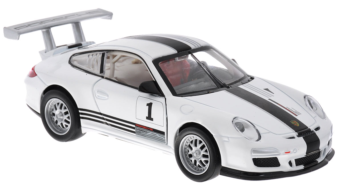 MSZ Модель автомобиля Porsche 911 GT3 CUPCP-68341-W MSZ Модель автомобиля Porsche 911 GT3 CUPCP-68341-WМодель автомобиля MSZ Porsche 911 GT3 CUP - это точная копия оригинальной машины в масштабе 1:32. Выполненная из высококачественного металла и пластика, она обязательно понравится не только ребенку, но и взрослому. Модель автомобиля имеет световые и звуковые эффекты. Дверцы машины открываются, фары светятся, салон детализирован. Игрушка оснащена инерционным ходом. Для того, чтобы автомобиль поехал вперед, необходимо его отвести назад, а затем резко отпустить. Прорезиненные колеса обеспечивают надежное сцепление с любой поверхностью пола. Машинка является отличным подарком для юного гонщика. Во время игры с такой машинкой у ребенка развивается мелкая моторика рук, фантазия и воображение. Для работы игрушки необходимы 3 батарейки типа AG13 (товар комплектуется демонстрационными).