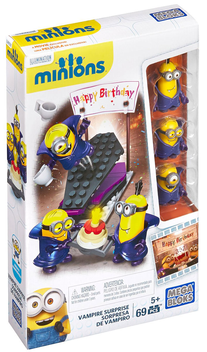 Mega Bloks Гадкий Я Конструктор Вампирский сюрпризCNF53_CNF55 Mega Bloks Гадкий Я Конструктор Вампирский сюрпризCNF53_CNF55Конструктор Mega Bloks Гадкий Я. Вампирский сюрприз станет прекрасным подарком для поклонников мультфильма Гадкий Я и маленьких забавных миньонов. Три миньона-вампира устраивают веселую вечеринку с тортом, начиненным фейерверками. Собрав катапульту, можно отправить в полет и миньонов, и торт в придачу. Конструктор выполнен из высококачественного пластика, безопасного для здоровья ребенка, детали яркого цвета, а их размер удобен для детских пальцев. У миньонов снимаются очки, одежда, руки и ноги. В набор входят 69 элементов конструктора. Все комплектующие полностью совместимы с другими наборами серии Mega Bloks Minions. Эта игрушка обязательно понравится любому ребенку и поможет реализовать множество новых сюжетов для своих игр.
