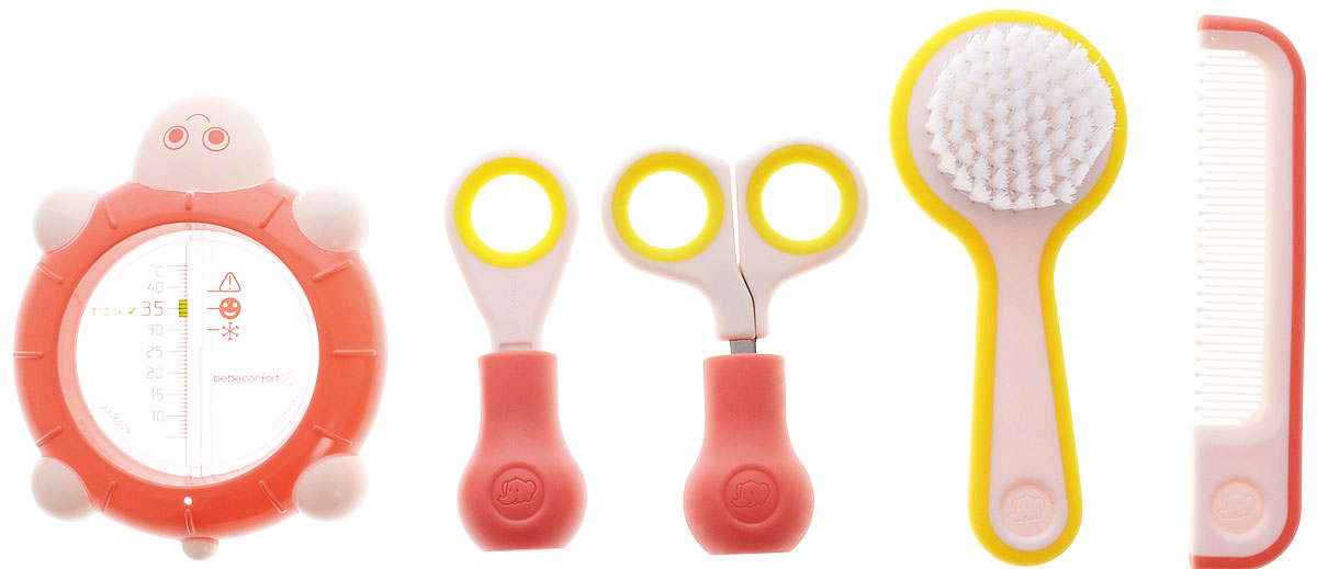 Bebe Confort Детский гигиенический набор 6 предметов32000165_розовый Bebe Confort Детский гигиенический набор 6 предметов32000165_розовыйДетский гигиенический набор Bebe Confort, упакованный в удобную сумочку на застежке-молнии, облегчит вам уход за ребенком, позволив держать все необходимое в порядке и под рукой. Набор состоит из термометра Черепашка для измерения температуры воды в ванной, большой щеточки для волос с очень мягкой щетиной и зеркальцем с обратной стороны, пластиковой расчески, а также ножниц и щипчиков в специальных защитных подставках. Безопасные закругленные лезвия ножниц и специальные щипчики с утолщенной ручкой идеальны для подстригания и ухода за нежными детскими пальчиками. Материал: металл, текстиль, пластик. Рекомендуемый возраст: от 0 до 36 месяцев.