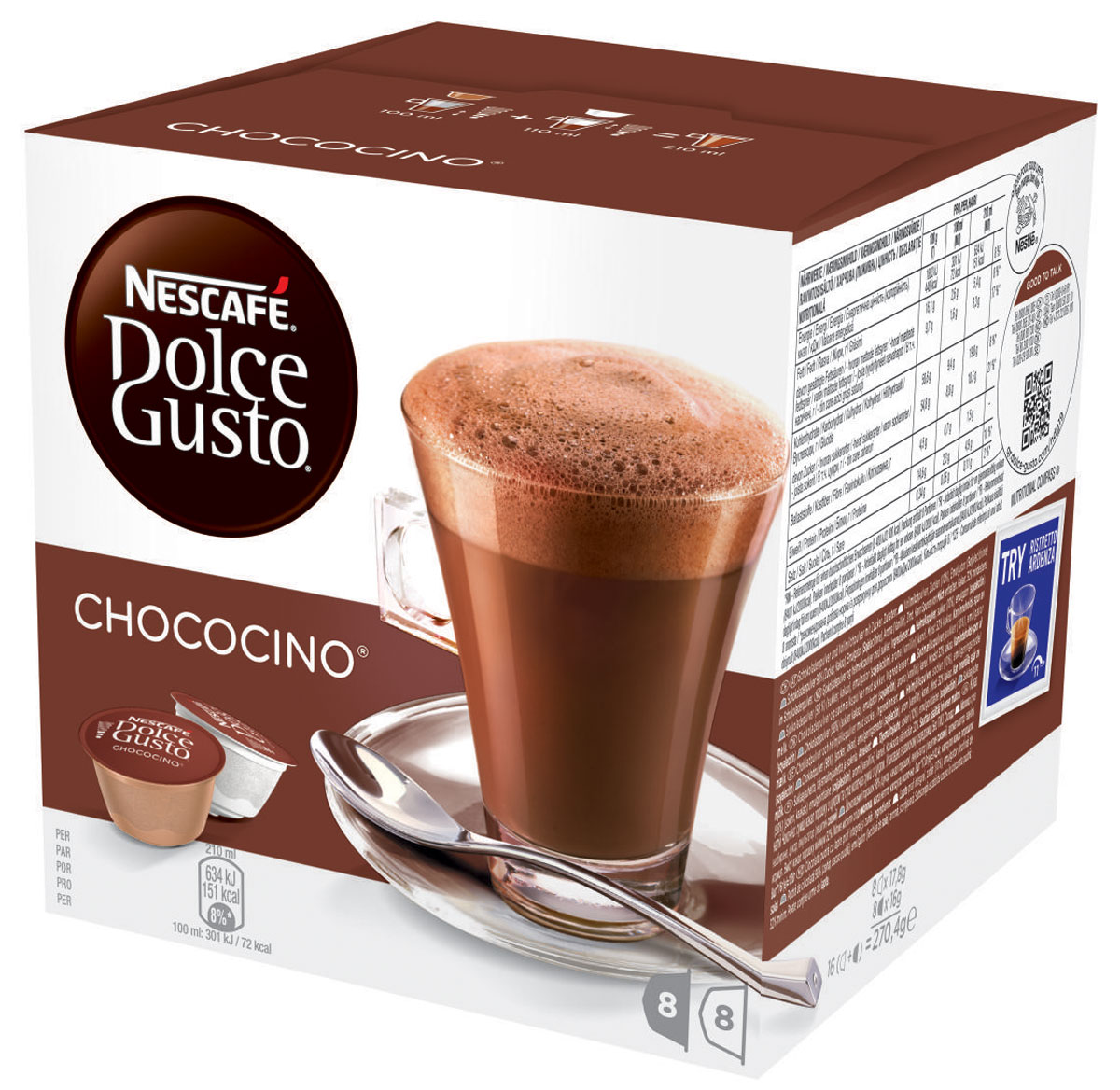 Nescafe Dolce Gusto Chococino горячий шоколад в капсулах, 16 шт5219918 Nescafe Dolce Gusto Chococino горячий шоколад в капсулах, 16 шт5219918Вкус Nescafe Dolce Gusto Chococino так же хорош, как и его название. Приятный для глаза и еще более приятный на вкус – баланс какао и воздушной молочной пенки создает самое настоящее волшебство. Это сочетание переносит вас на удивительный уровень сладости: нет необходимости добавлять что-то еще в этот роскошное успокаивающее лакомство. Наслаждайтесь чокочино холодным утром, морозными днями или в любое другое время, когда вам хочется сменить свой обычный горячий напиток. Его шоколадный запах почти столь же непреодолим, сколь и деликатен. Он произведет впечатление на любого вашего гостя. В состав входят: 8 молочных капсул: молоко сухое цельное, сахар (10%), эмульгатор (соевый лецитин). Изготовлено с использованием сухого молока. В сухой молочной смеси: массовая доля молочного жира 22,5 %, сахароза 10 г в 100 г.) 8 какао капсул: cахар, какао-порошок, эмульгатор (соевый лецитин), ароматизатор (ванилин), корица. Какао не менее 32%....