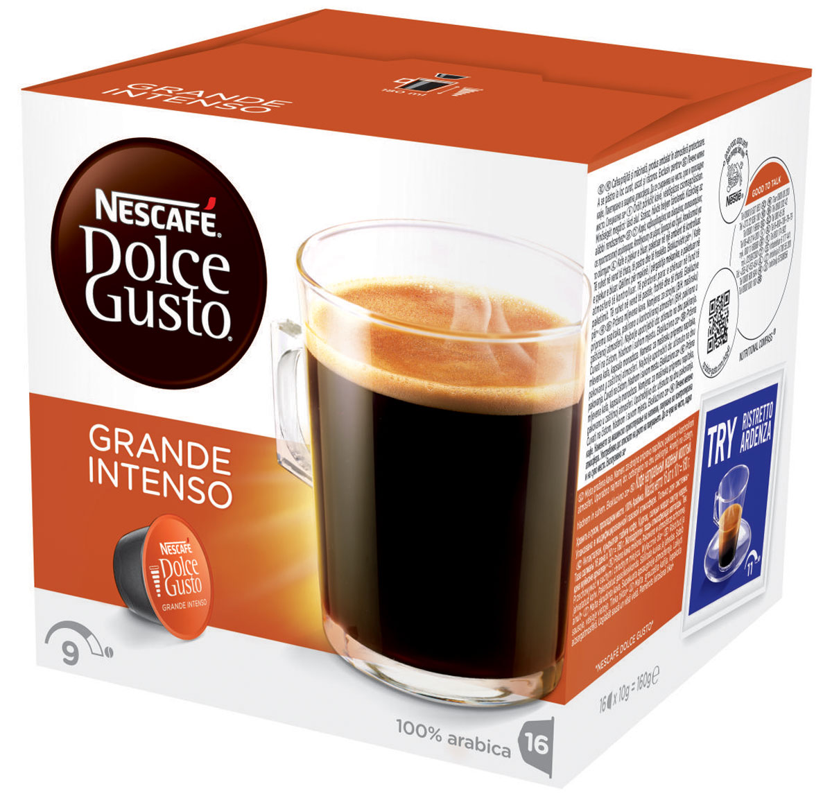 Nescafe Dolce Gusto Grande Intenso кофе в капсулах, 16 шт12128828 Nescafe Dolce Gusto Grande Intenso кофе в капсулах, 16 шт12128828Grande Intenso абсолютно соответствует названию – классический гранде с более насыщенной горчинкой. Приготовленный из зерен Арабики, изысканно контрастный и полноценный – этот хорошо сбалансированный, но никогда не слишком крепкий напиток создан для приготовления в кофемашине Nescafe Dolce Gusto. Слой ароматной пенки, словно последний штрих, создает простой на вид гранде со сложным вкусом. Изготовленный из 100% зерен Арабики, он великолепно подходит для завтрака, или как основной напиток для посиделок, или для спокойного времяпрепровождения в одиночестве. Будет ли это первая чашка кофе с утра или в любое время в течение дня, капсульный кофе гранде Intenso всегда бьет в цель. Нет необходимости идти в кофейню, чтобы насладиться этим великолепным вкусом.