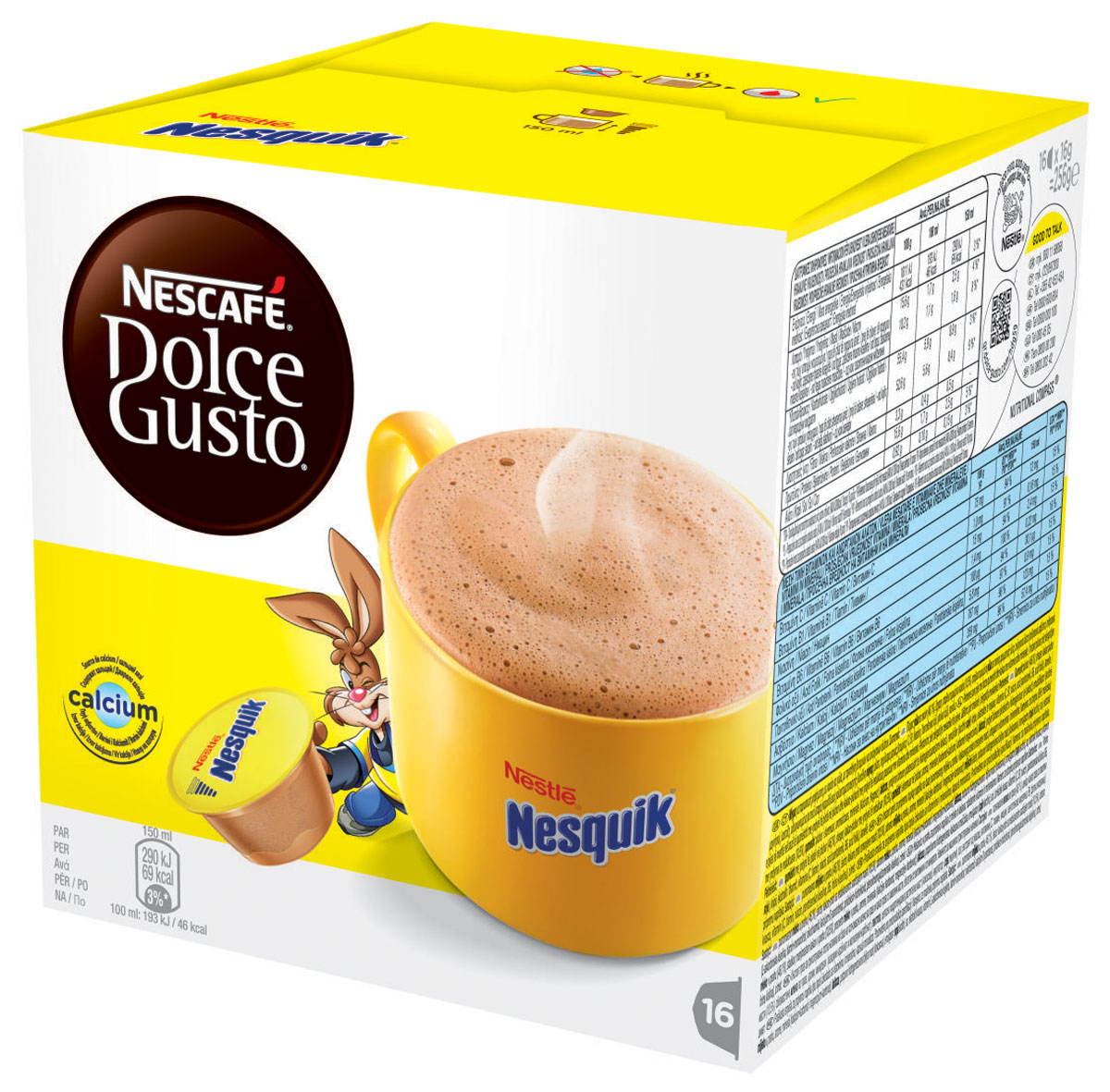 Nescafe Dolce Gusto Nesquik какао в капсулах, 16 шт12142996 Nescafe Dolce Gusto Nesquik какао в капсулах, 16 шт12142996Нет ничего лучше чашечки ароматного согревающего шоколадного напитка Nescafe Dolce Gusto Nesquik. Насладитесь вкуснейшим напитком - неважно, готовите ли вы его ребенку или сами желаете на миг вернуться в мир детства. Кролик Квики мгновенно наполнит вашу чашку горячим ароматным какао-напитком. Состав капсулы: молоко сухое цельное (46,1%), сахар, какао порошок (10,5%), молоко сухое обезжиренное, ароматизаторы, минеральные вещества (карбонат кальция и карбонат магния), соль, экстракт дрожжей, витамины (С, B1, ниацин, пантотеновая кислота, В6, фолиевая кислота), корица.