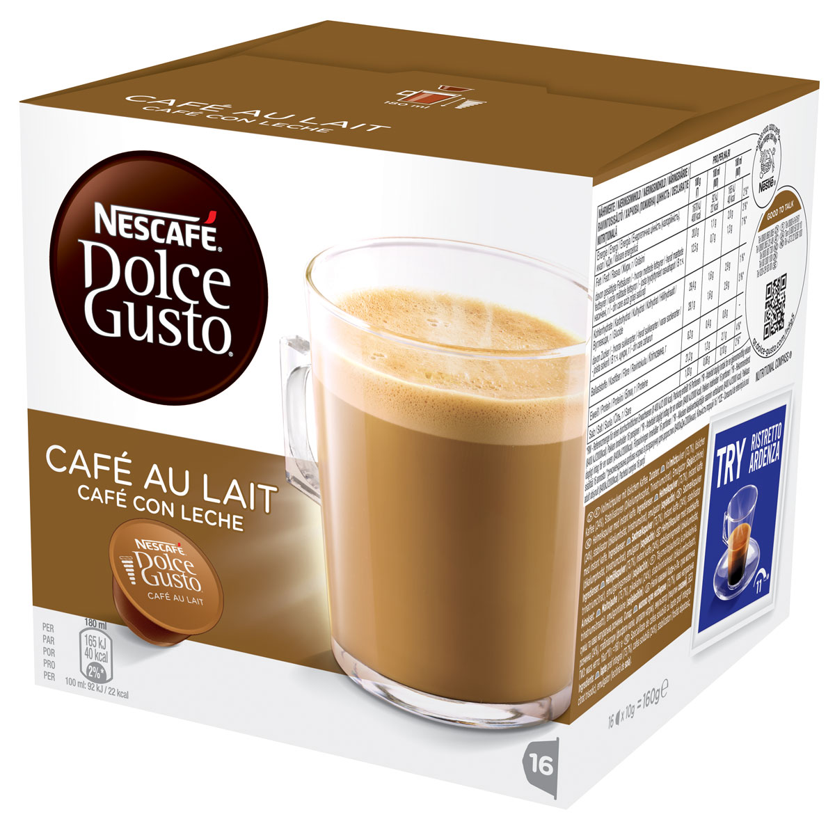Nescafe Dolce Gusto Кофе О Ле, кофе в капсулах, 16 шт12148061 Nescafe Dolce Gusto Кофе О Ле, кофе в капсулах, 16 шт12148061Cafe Au Lait - это непревзойденное сочетание энергии кофе и сладости молока подарит Вам заряд бодрости на целый день! Для приготовления большой чашки Cafe Au Lait достаточно всего лишь одной капсулы. Капсульная система NESCAFE Dolce Gusto это инновационная система приготовления кофе высокого качества специально разработанная для использования в домашних условиях. Герметичные капсулы оптимизируют давление воды для каждого вида кофе. Кофе-машина NESCAFE Dolce Gusto использует профессиональное давление в 15 бар, что каждый раз гарантирует идеальный вкус и качество кофе.