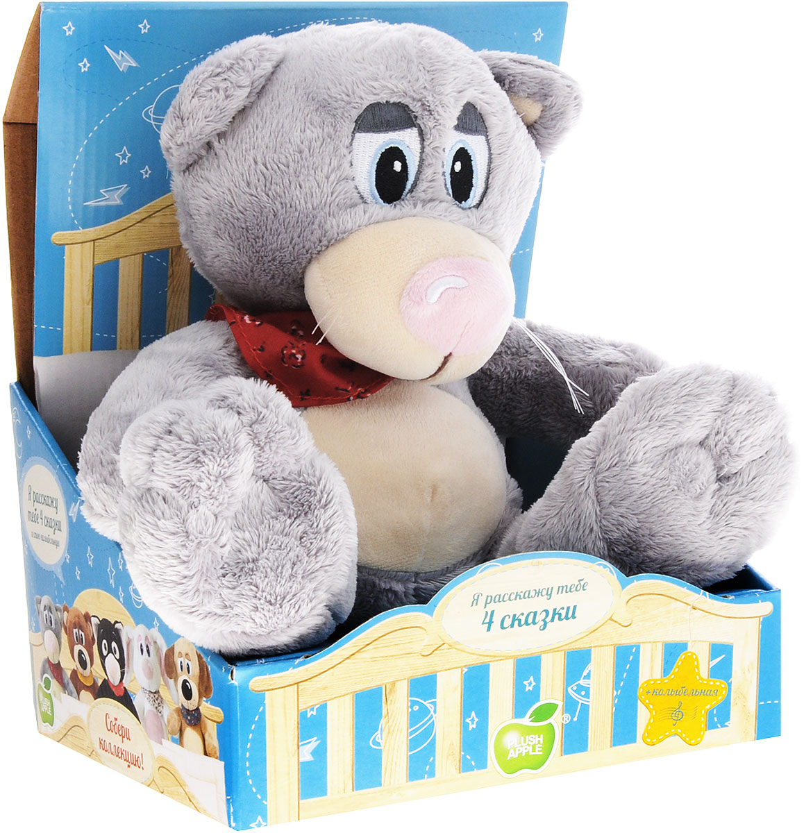 Plush Apple Мягкая озвученная игрушка Кот в косынке 24 смK33050A1 Plush Apple Мягкая озвученная игрушка Кот в косынке 24 смK33050A1Симпатичная мягкая озвученная игрушка Plush Apple Кот в косынке, выполненная из текстиля, не оставит равнодушным ни ребенка, ни взрослого. Необычайно мягкая, она принесет радость своему обладателю. Нажмите на лапки кота - вы услышите сказки - Лисичка-сестричка и Волк, Репка, Маша и Медведь и Колобок, а нажав на живот игрушки - вы услышите колыбельную. Такая игрушка непременно станет хорошим другом вашему малышу. Рекомендуется докупить 3 батарейки напряжением типа АА (товар комплектуется демонстрационными).