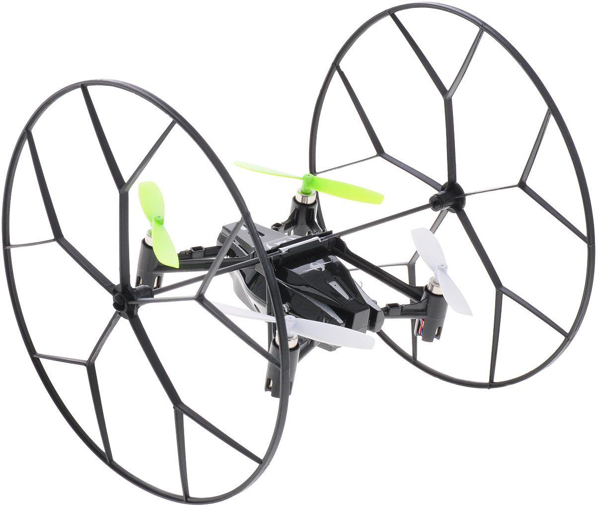 Junfa Toys Квадрокоптер на радиоуправлении Sky Roller1310 Junfa Toys Квадрокоптер на радиоуправлении Sky Roller1310Квадрокоптер Junfa Toys Sky Roller на радиоуправлении способен вращаться вокруг своей оси на 360 градусов, а также передвигаться вперед/назад, вверх/вниз, поворачивать вправо/влево. Квадрокоптер со светодиодной подсветкой оснащен большими легкими колесами и может передвигаться по полу, потолку и стенам. Он имеет гироскопом для стабильности положения во время полета. Колеса можно заменить на пластиковый защитный каркас и использовать квадрокоптер только для полета. В комплект входит: квадрокоптер, пульт дистанционного управления, защитный каркас, 4 запасных винта, зарядное устройство USB, подробная инструкция на русском языке. Квадрокоптер работает от аккумулятора (входит в комплект). Для работы пульта управления необходимы 4 батарейки типа АА (не входят в комплект).