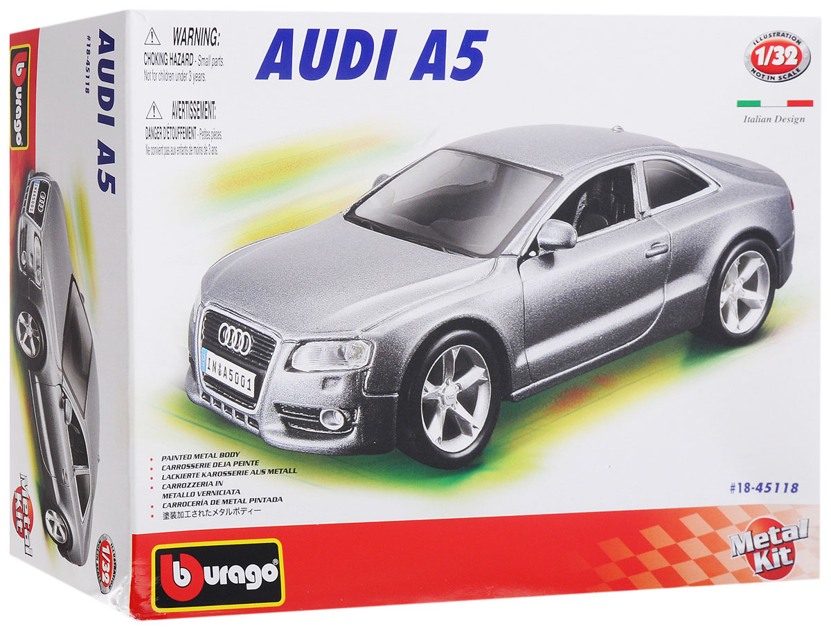 Bburago Сборная модель автомобиля Audi A518-45118 Bburago Сборная модель автомобиля Audi A518-45118Сборная модель автомобиля Bburago Audi A5 привлечет к себе внимание не только детей, но и взрослых. Модель представлена в масштабе 1:32 и в точности воспроизводит все детали внешнего облика реального автомобиля. Корпус автомобиля выполнен из металла с использованием пластиковых элементов, колеса прорезинены. Модель оборудована открывающимися дверцами и подвижными колесами. Во время игры с такой машинкой у ребенка развивается мелкая моторика рук, фантазия и воображение. В комплекте: элементы для сборки модели, наклейки и схематичная инструкция по сборке. Модель собирается без использования клея.