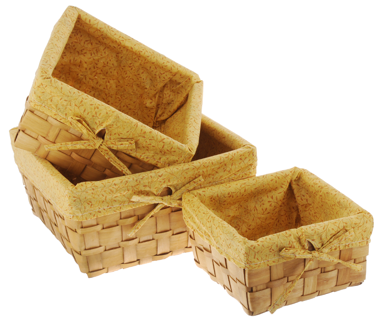 Набор плетеных корзинок Miolla, 3 шт. QL400449QL400449 Набор плетеных корзинок Miolla, 3 шт. QL400449QL400449Набор Miolla состоит из трех квадратных плетеных корзинок разного размера. Изделия выполнены из плетеной древесины и обтянуты тканью с оригинальным растительным узором. Такие корзинки прекрасно подойдут для хранения хлеба и других хлебобулочных изделий, печенья, а также бытовых принадлежностей и различных мелочей. Стильный дизайн корзинок сделает их украшением интерьера помещения. Подойдут для кухни, спальни, прихожей, ванной. Размер малой корзины: 21 х 21 х 11,5 см. Размер средней корзины: 25 х 25 х 14 см. Размер большой корзины: 30 х 30 х 16 см.