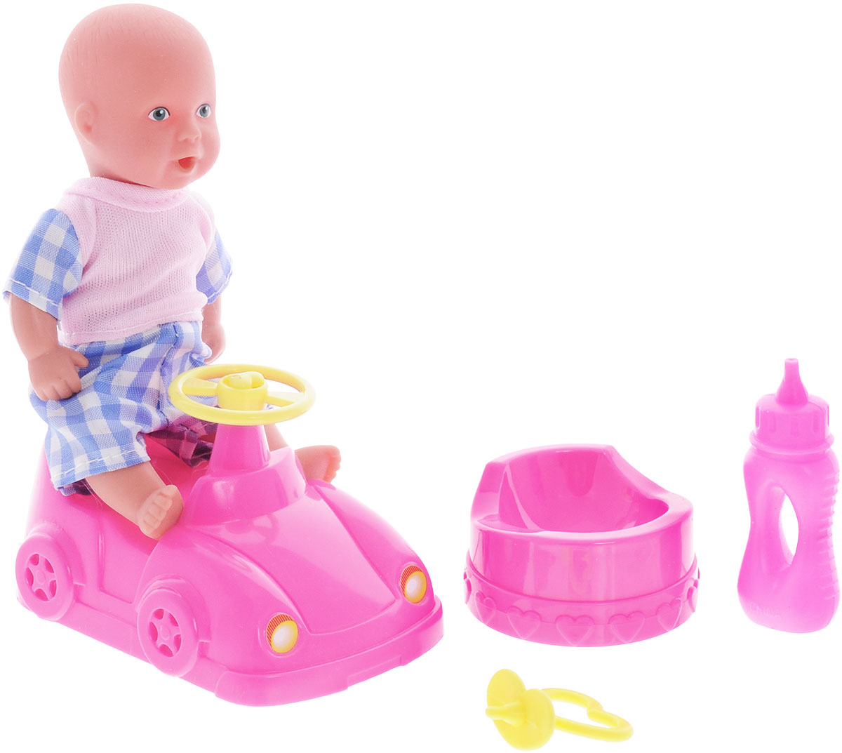 Simba Игровой набор Новорожденный с машинкой цвет одежды розовый голубой5039806_розовый,синий Simba Игровой набор Новорожденный с машинкой цвет одежды розовый голубой5039806_розовый,синийИгровой набор с пупсом Simba Новорожденный непременно приведет в восторг вашу дочурку. Пупс выполнен из высококачественного пластика. В набор входят: кукла-пупс, машинка, горшок, бутылочка и пустышка. Пупс пьет и писает, совсем как настоящий малыш! Просто напоите ее из входящей в набор бутылочки, и через некоторое время кукла пописает. Руки, ноги и голова куклы подвижны, что позволяет придавать ей разнообразные позы. Игры с куклой способствуют эмоциональному развитию, помогают формировать воображение и художественный вкус, а также разовьют в вашей малышке чувство ответственности и заботы. Великолепное качество исполнения делают этот набор чудесным подарком к любому празднику.