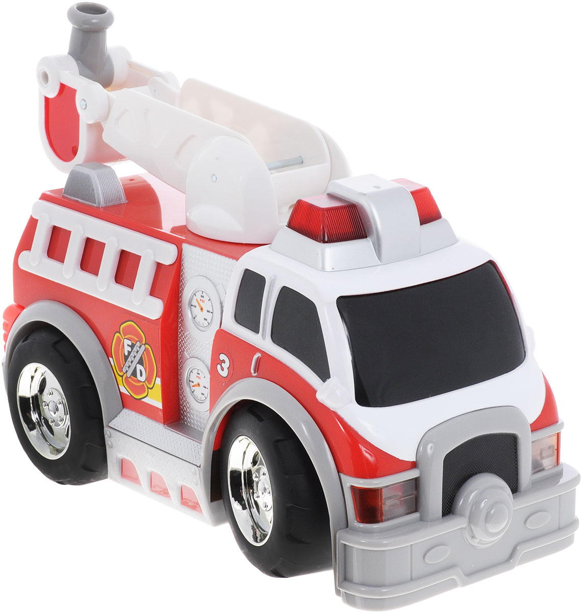 Toystate Машина на радиоуправлении Rush & Rescue35731TS Toystate Машина на радиоуправлении Rush & Rescue35731TSЯркая машина на радиоуправлении Toystate Rush & Rescue со звуковыми и световыми эффектами, несомненно, понравится вашему ребенку и не позволит ему скучать. Игрушка выполнена в виде мощной пожарной машины с лестницей. Лестница вращается. При нажатии на кнопки, расположенные на борту машины, светятся огни автомобиля, воспроизводятся звуки двигателя и сирены. Машина управляется с помощью пульта дистанционного управления. Пульт имеет три большие кнопки, обеспечивающие удобство использования для маленьких ручек. Ваш ребенок часами будет играть с машинкой, придумывая различные истории и устраивая соревнования. Порадуйте его таким замечательным подарком! Для работы игрушки необходимы 3 батарейки типа АА (товар комплектуется демонстрационными). Для работы пульта управления необходимы 3 батарейки типа ААА (не входят в комплект).
