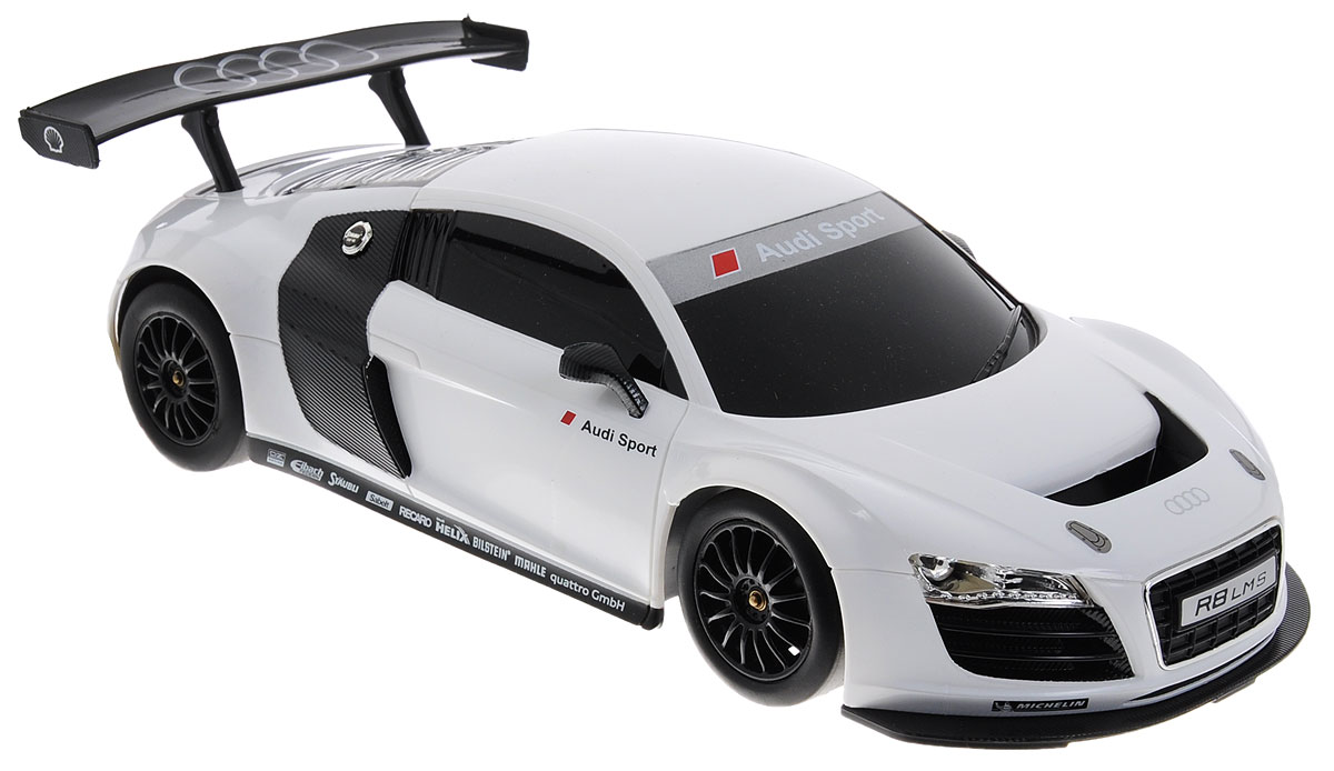 Rastar Радиоуправляемая модель Audi R8 цвет белый масштаб 1:1853600-10 Rastar Радиоуправляемая модель Audi R8 цвет белый масштаб 1:1853600-10Радиоуправляемая модель Rastar Audi R8 станет не только игрушкой, но и частью коллекции, которую может собирать и ребенок и взрослый. Гоночное авто имеет реалистичный вид, спортивный характер, высокую маневренность и динамичность. Поэтому играть с такой машиной можно не только в доме, но и даже на улице. Управление авто осуществляется благодаря пульту-рулю, с помощью которого авто может поворачивать направо и налево, а также направляться вперед, назад и останавливаться. Пульт в виде руля выполнен в очень реалистичной форме и оснащен звуковыми эффектами. Машина работает от 4 батареек напряжением 1,5V типа АА (не входят в комплект). Пульт управления работает от 3 батареек напряжением 1,5V типа АА (не входят в комплект). Ваш ребенок часами будет играть с моделью, придумывая различные истории и устраивая соревнования. Порадуйте его таким замечательным подарком!
