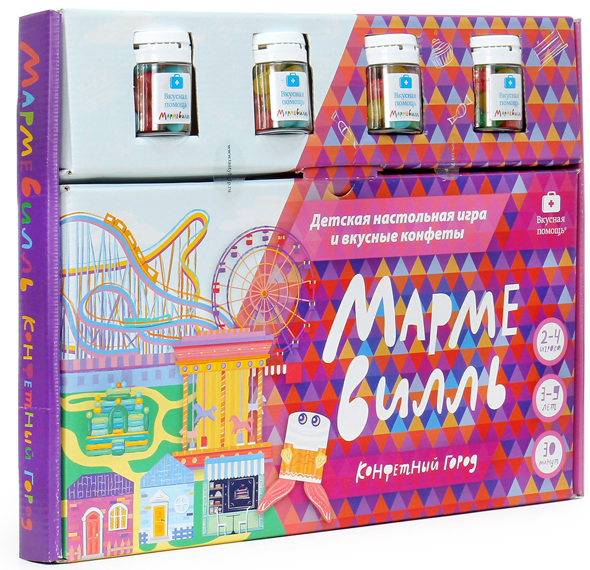 Вкусная помощь Мармевилль настольная игра для детей + мармелад жевательный, 200 г00-00000746 Вкусная помощь Мармевилль настольная игра для детей + мармелад жевательный, 200 г00-00000746Добро пожаловать в конфетный город Мармевилль! Вкусная помощь Мармевилль - увлекательная детская настольная игра. Здесь живут конфетные монстры. Но не бойтесь, они не страшные, а добрые и симпатичные. Конфетные монстры любят сладости, веселые игры и прыжки, они ходят в школу и собираются построить настоящий парк аттракционов. Сделай сам своего конфетного монстра и начинай игру! Игра полезна для детей, помогает развить: Навыки счета Командный дух и умение делиться Мелкую моторику Речь и воображение Кроме того, ребенок получит огромную долю веселья и будет физически активен во время игры, так как предполагаются прыжки. Количество игроков: 2-4 Возраст: 3-9 лет Время игры: 30 минут