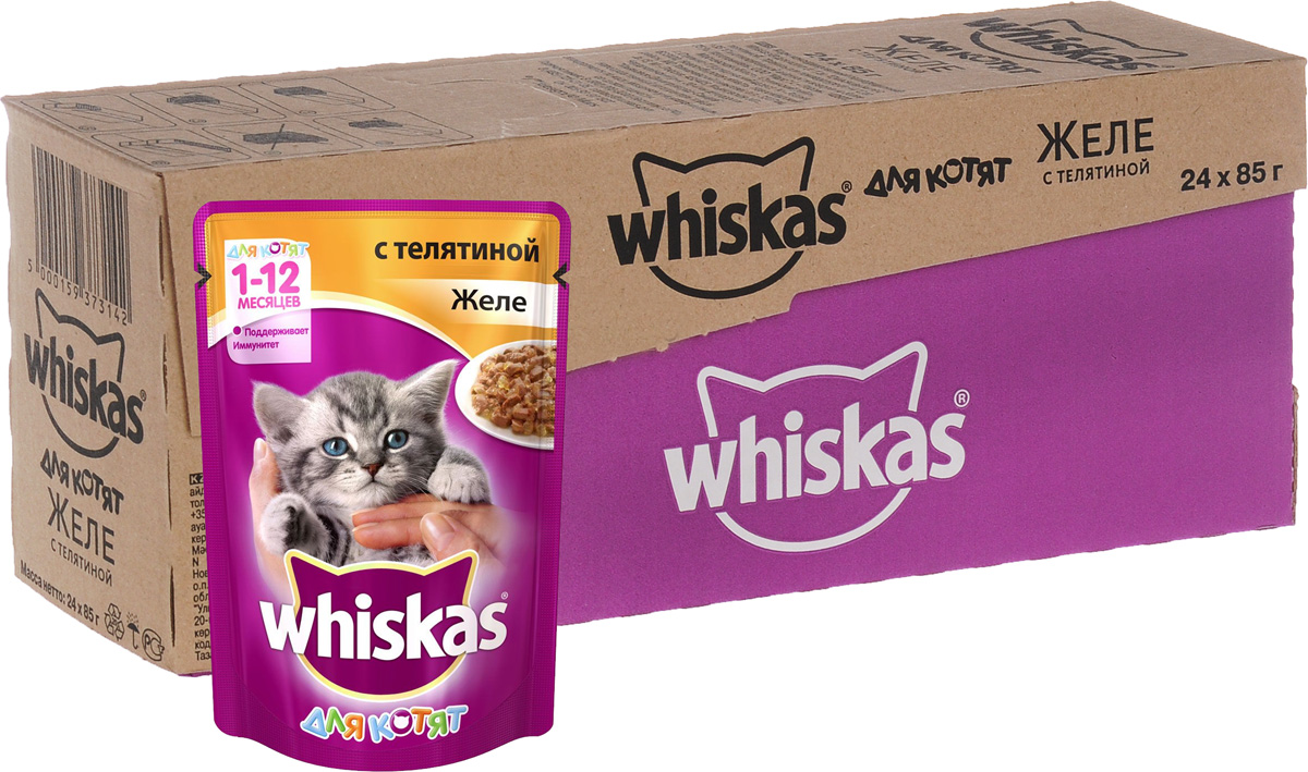 Консервы Whiskas для котят, желе с телятиной, 85 г, 24 шт40852 Консервы Whiskas для котят, желе с телятиной, 85 г, 24 шт40852Консервы для котят Whiskas содержат все, что нужно малышу для полноценного развития организма. Кроме того, в этих консервах содержится таурин, который организм котенка не может синтезировать самостоятельно. Если ваш маленький питомец будет получать таурин, то ему не грозят сердечные заболевания, а также проблемы со зрением и головным мозгом. Для долгой и активной жизни вашему маленькому любимцу необходимо правильно питаться с самых первых дней. Несмотря на то, что котенок ест понемногу, сил на игры и развлечения он тратит гораздо больше, чем взрослая кошка. Не содержит сои, консервантов, ароматизаторов, искусственных красителей и усилителей вкуса. Состав: мясо и субпродукты (в том числе телятина минимум 4%), злаки, растительное масло, таурин, витамины, минеральные вещества. Пищевая ценность в 100 г: белки - 8,3 г, жиры - 6 г, клетчатка - 0,3 г, кальций - не менее 0,21 г, жирные кислоты (омега 6) - не менее 0,18 г, витамин А - не...