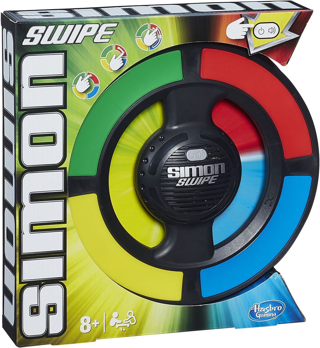 Hasbro Games Настольная игра Саймон СвайпA8766121 Hasbro Games Настольная игра Саймон СвайпA8766121Увлекательная настольная игра Саймон Свайп на внимательность и скорость. Следите за световым сигналом. Теперь повторите его! Подождите, пока загорятся два световых сигнала, и запомните их. Повторите то, что видели. Если загорелось больше одного светового сигнала, нужно скользить пальцем! Проведите пальцем по нужным цветовым секторам. С каждым уровнем последовательность сигналов увеличивается. Если зазвучала музыка и замигали огни, вы перешли на новый уровень! Если вы ошиблись, то прозвучит гудок, и игра закончится. Рекомендуется докупить 3 батарейки напряжением 1,5V типа АА (товар комплектуется демонстрационными).