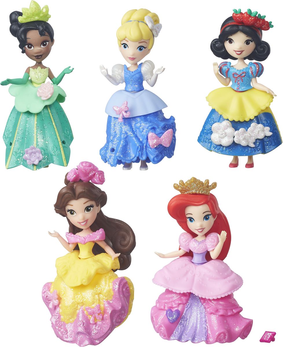 Disney Princess Набор мини-кукол Принцессы 5 штB5347EU4 Disney Princess Набор мини-кукол Принцессы 5 штB5347EU4Набор мини-кукол Disney Princess Принцессы состоит из 5 очаровательных мини- кукол, которые изображают самых прекрасных диснеевских героинь. Все героини популярнейших мультфильмов Диснея одеты в блестящие наряды для самого изысканного бала. Одежда Золушки, Тианы, Белоснежки, Белль и Ариэль состоит из корсета, баски и юбки, которые можно комбинировать так, как понравится маленькой владелице набора. Пышные платья украшены множеством оборок и декоративных элементов. Хозяйка кукол сможет добавить к ним еще несколько - в комплект входят различные аксессуары, которые можно прикреплять к платью мини-кукол. Для этого в нарядах имеются небольшие отверстия, в которые они вставляются. Подружки-принцессы могут забавляться, меняясь нарядами и радуясь новому, еще более яркому внешнему виду. При помощи такого набора ваша малышка приобретет навыки модельера.