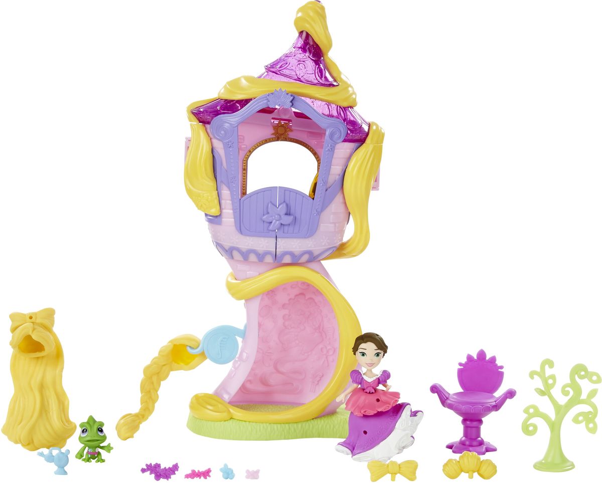 Disney Princess Игровой набор с мини-куклой Башня РапунцельB5837EU4 Disney Princess Игровой набор с мини-куклой Башня РапунцельB5837EU4Игровой набор с мини-куклой Disney Princess Башня Рапунцель - именно то место, где длинноволосая красавица прожила все годы своего заточения! На втором этаже башни расположены три комнаты. В одной Рапунцель может прихорашиваться, менять прически. В другой находятся зеркало, небольшой комод и стул-трон. В ванной комнате принцесса может расслабиться и помечтать о своем возлюбленном красавце принце. На первом этаже растет причудливое деревце. Меняйте образы красавице Рапунцель по своему усмотрению! Ей можно менять прически и украшать их разнообразными аксессуарами. Также можно декорировать пышное платье принцессы. Кроме того, в комплект входит миниатюрная фигурка любимого питомца Рапунцель - прелестного хамелеона Паскаля.
