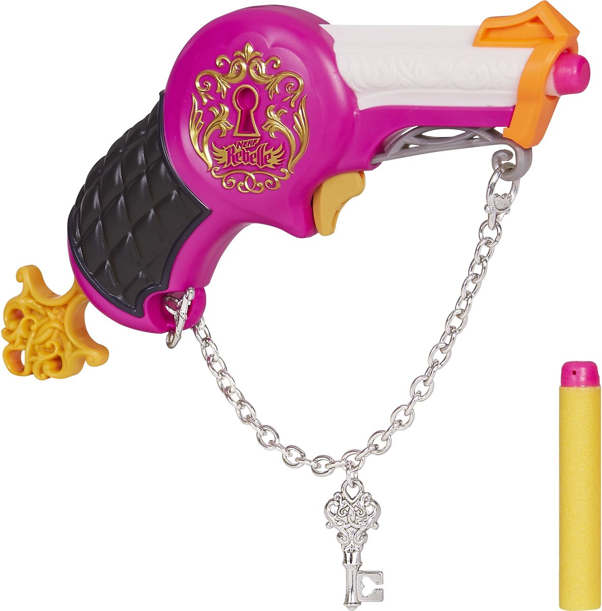 Nerf Rebelle Бластер Grace FireB4036EU4 Nerf Rebelle Бластер Grace FireB4036EU4Бластер Nerf Rebelle Grace Fire поможет юной воительнице придумать невероятное количество захватывающих игровых сюжетов. Оружие напоминает револьвер. Корпус бластера выполнен в ярких цветах. На цепочке к корпусу присоединен ключик, который вставляется в отверстие, расположенное в центральной части оружие. В комплекте с бластером идут два патрона, которые имеют мягкий корпус и пластиковый наконечник. Снаряды легко вставляются в корпус, поэтому у юной леди-ковбоя не возникнет проблем с перезарядкой оружия.