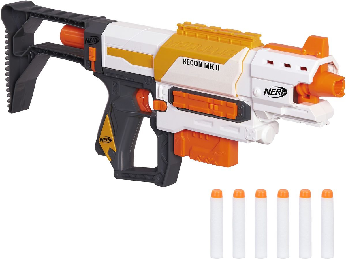 Nerf Бластер Modulus Recon MKIIB4616EU4 Nerf Бластер Modulus Recon MKIIB4616EU4Бластер Nerf Modulus Recon MKII позволит вашему ребенку почувствовать себя во всеоружии! Теперь он сможет собрать свой собственный бластер для каждой миссии или сражения. Изделие выполнено из яркого прочного пластика. Создайте 4 разных конфигурации бластера при помощи приклада и дульной насадки. Бластер стреляет на расстояние свыше 27 метров. Комплект включает в себя 6 патронов, выполненных из безопасного для ребенка материала. Игра с таким бластером поможет ребенку в развитии меткости, ловкости, координации движений и сноровки. Ваш малыш сможет соревноваться с друзьями в меткости, или устроить настоящее сражение!