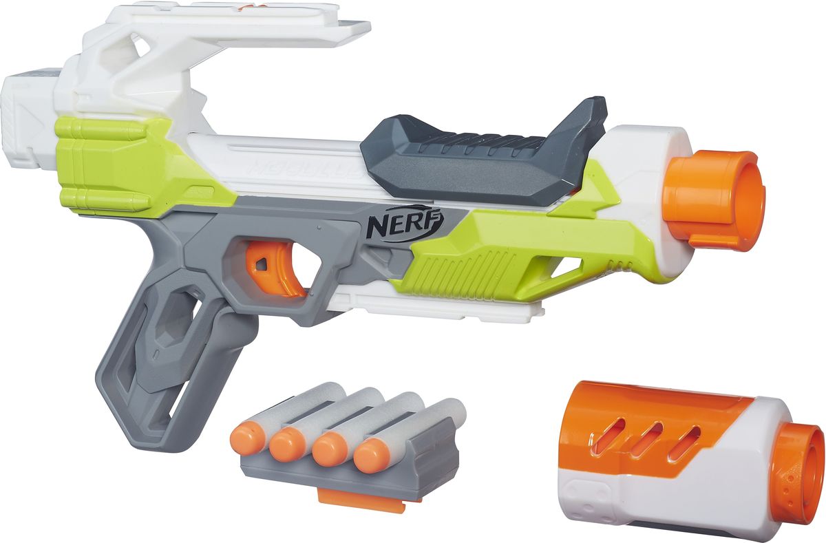 Nerf Бластер N-Strike Modulus IonfireB4618EU4 Nerf Бластер N-Strike Modulus IonfireB4618EU4Бластер Nerf N-Strike Modulus Ionfire позволит вашему ребенку почувствовать себя во всеоружии! Он выполнен из яркого безопасного пластика и снабжен съемным дулом и крепежом для патронов. Комплект включает в себя четыре патрона, выполненных из гибкого вспененного полимера. Игра с таким бластером поможет ребенку в развитии меткости, ловкости, координации движений и сноровки.