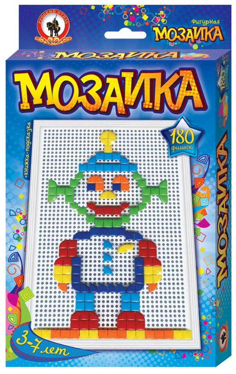 Русский стиль Мозаика фигурная Пришелец Большая плата03952 Русский стиль Мозаика фигурная Пришелец Большая плата03952Фишки мозаики треугольной и квадратной формы дают возможность юному мастеру варьировать контурную линию изображения, выкладывая ее прямой, либо округлой, в зависимости от силуэта рисунка. Игра для детей от 3 лет. Состав набора: Плата большая – 1 шт. Фишки 6 цветов треугольной и квадратной формы – 180 шт. Книжка-подсказка