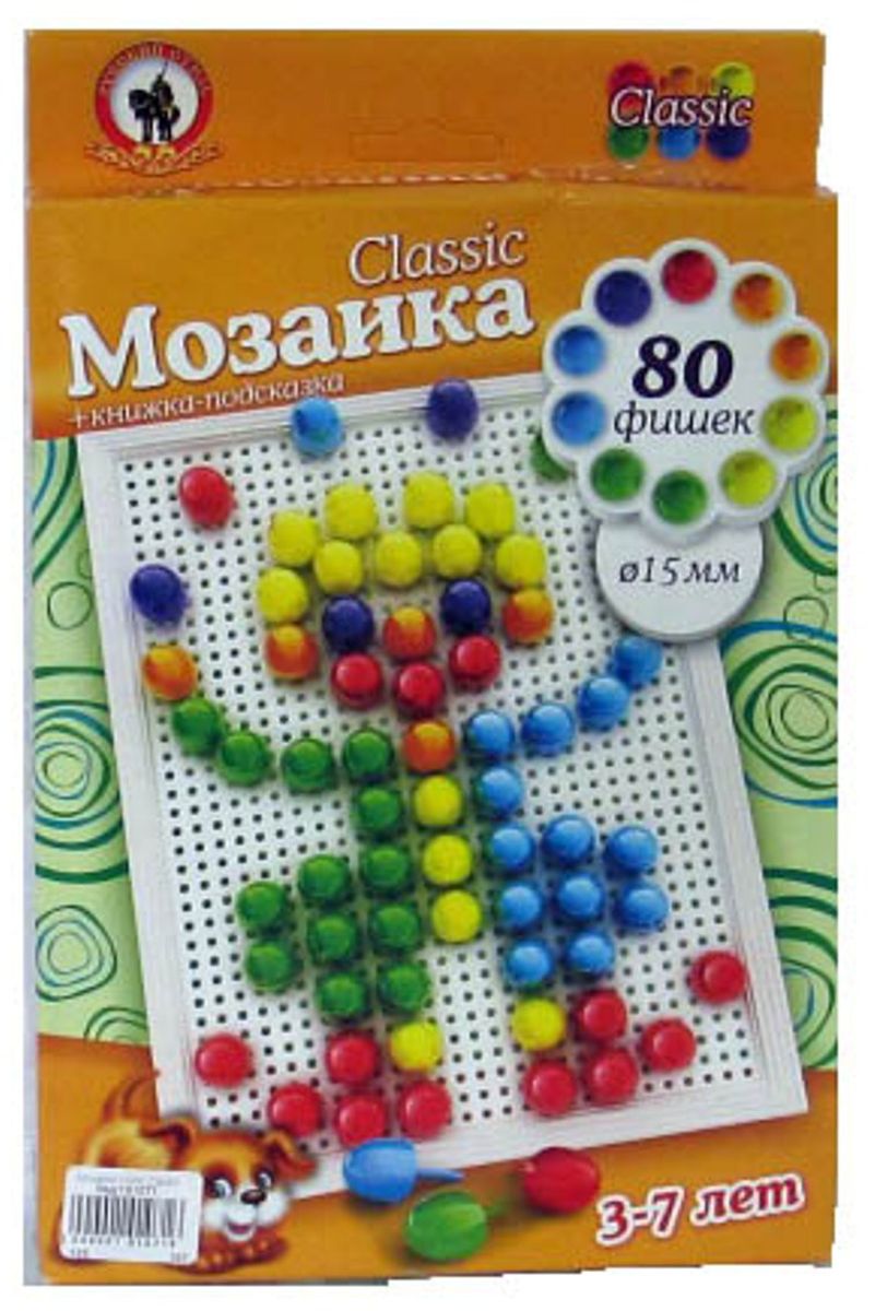 Русский стиль Мозаика Classic Клоун Малая плата03960 Русский стиль Мозаика Classic Клоун Малая плата03960Игра для детей от 3 лет. Состав набора: Плата малая – 1 шт. Фишки мозаики диаметр 15 мм – 80 шт. Книжка-подсказка